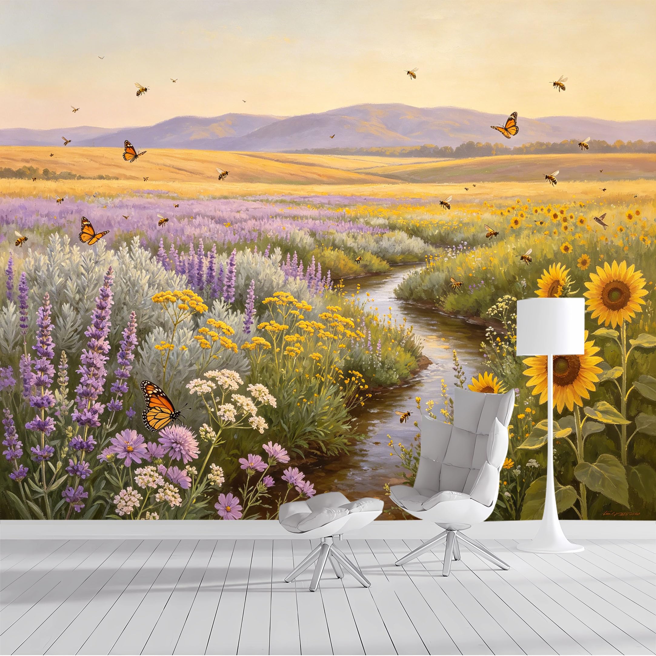 Custom Size Wall Mural Lavender Field Sunflowers Butterflies Bees Oil Painting SelfAdhesive Wall Fabric Removable Peel and Stick Wallpaper Wall Decor for Living Room Bedroom Bathroom