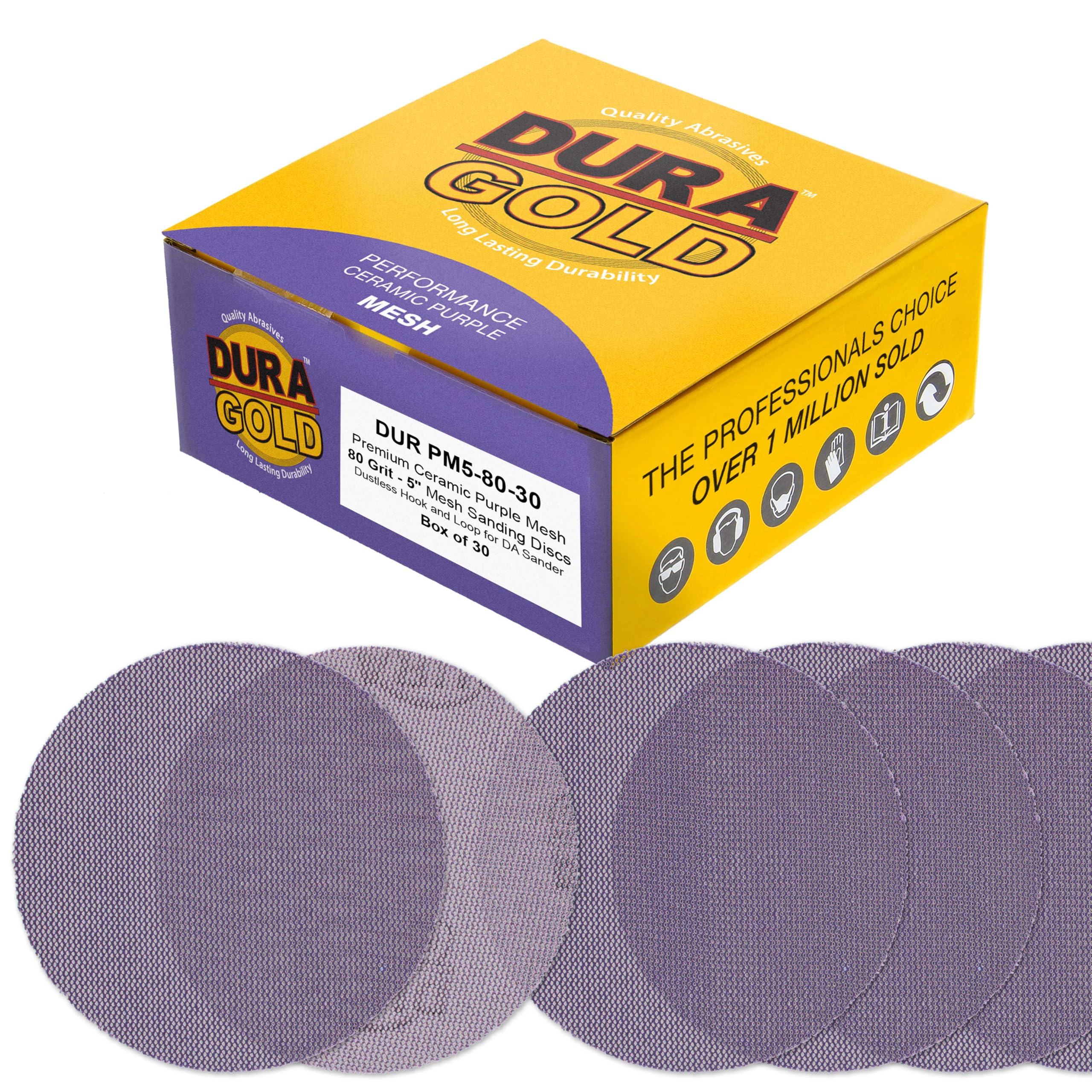 Dura-Gold Premium 80 Grit 5" Purple Ceramic Mesh Sanding Discs, Box of 30 - Dustless Hook & Loop Backing Sandpaper for DA & Random Orbital Sanders -