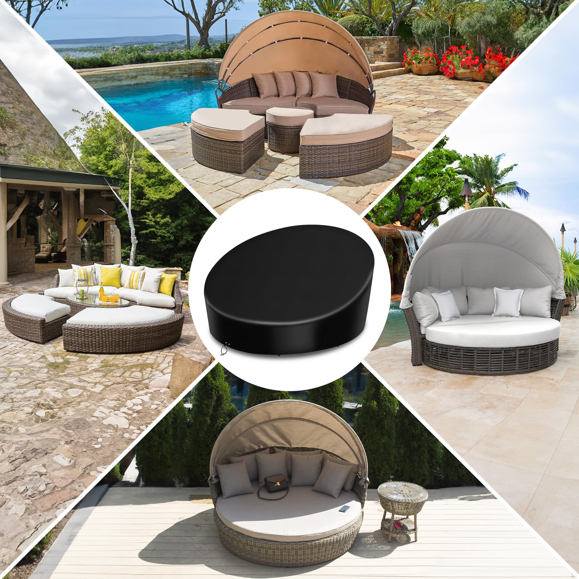 RICHIE Funda impermeable para isla de sol, tela Oxford 420D, con banda ajustable, cubierta para isla de sol de ratas, resistente a los rayos UV, funda redonda para muebles de jardín, color negro (190
