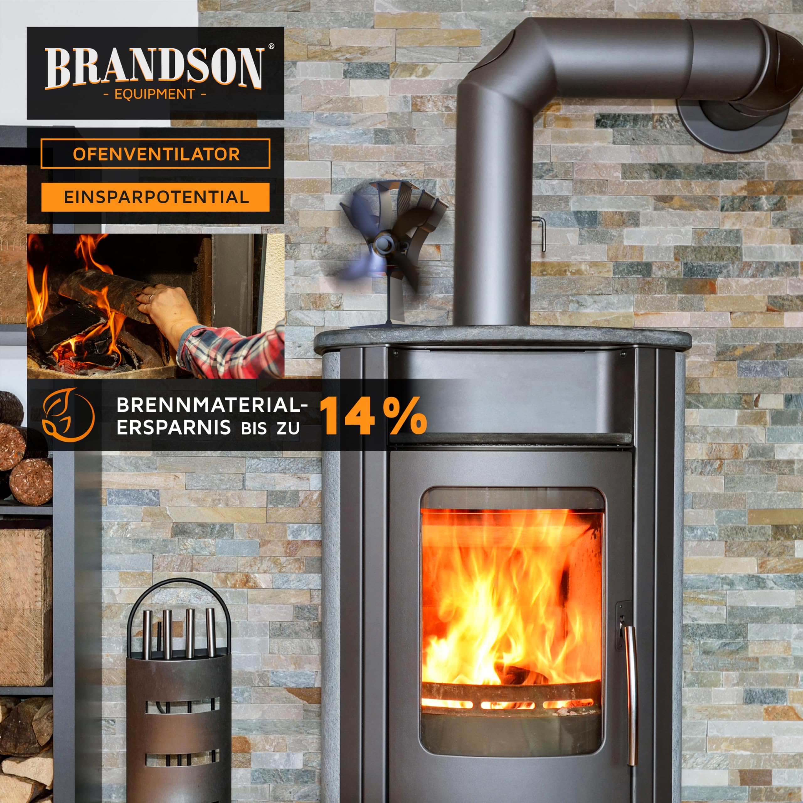 Brandson - Ofenventilator wärmebetrieben - Kamin Ventilator - Lüfter für Kaminöfen Holzöfen Öfen - 4 Flügel Rotorblätter – Rotordurchmessser 180mm – Wärmeverteiler ohne Strom – schwarz