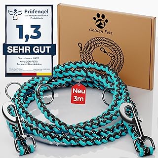 Testnote: Sehr gut - Hundeleine reflektierend I 3m, verstellbar, wetterfest & reißfest bis 250 kg I Paracord Führleine, Umhängeleine I kleine - große Hunde