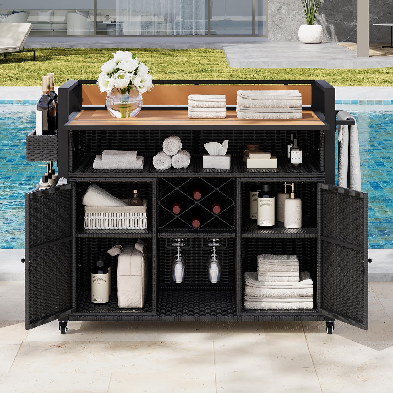FABLISS 52.8" W Wicker Outdoor Grill Cart with Drop Leaf, Rolling Kitchen Island on Wheels with Storage Cabinet for Patio Poolside,Duty BBQ Serving Cart, Double Handle Design