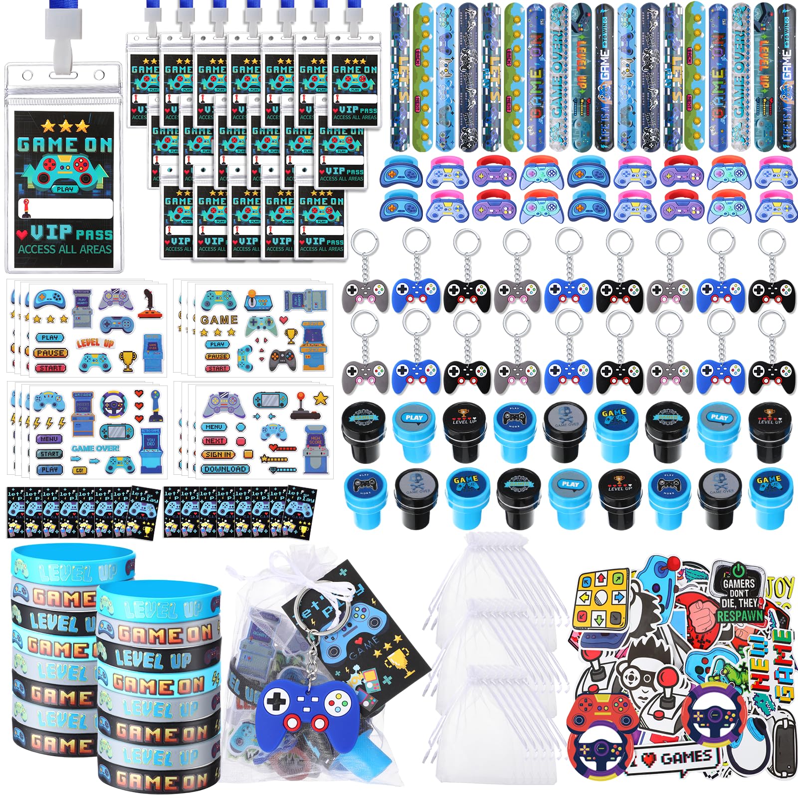 RoundFunny 158 Pcs Video Game Party Favors, Gamer Birthday Supplies Included Game Controller Keychains, Cards with Card Holders, Wristband, Ring,