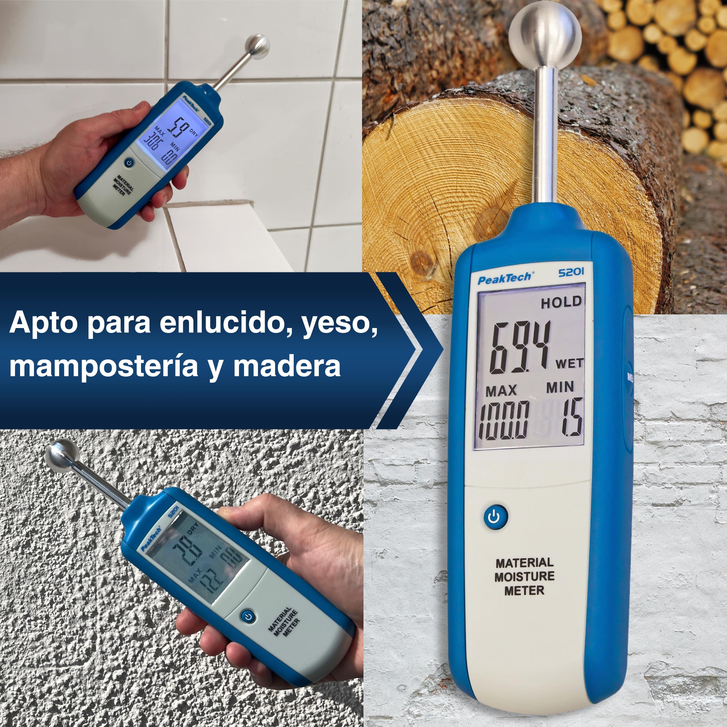 PeakTech 5201 – Indicador de humedad, mampostería, profundidad de medición: 20 - 40 mm