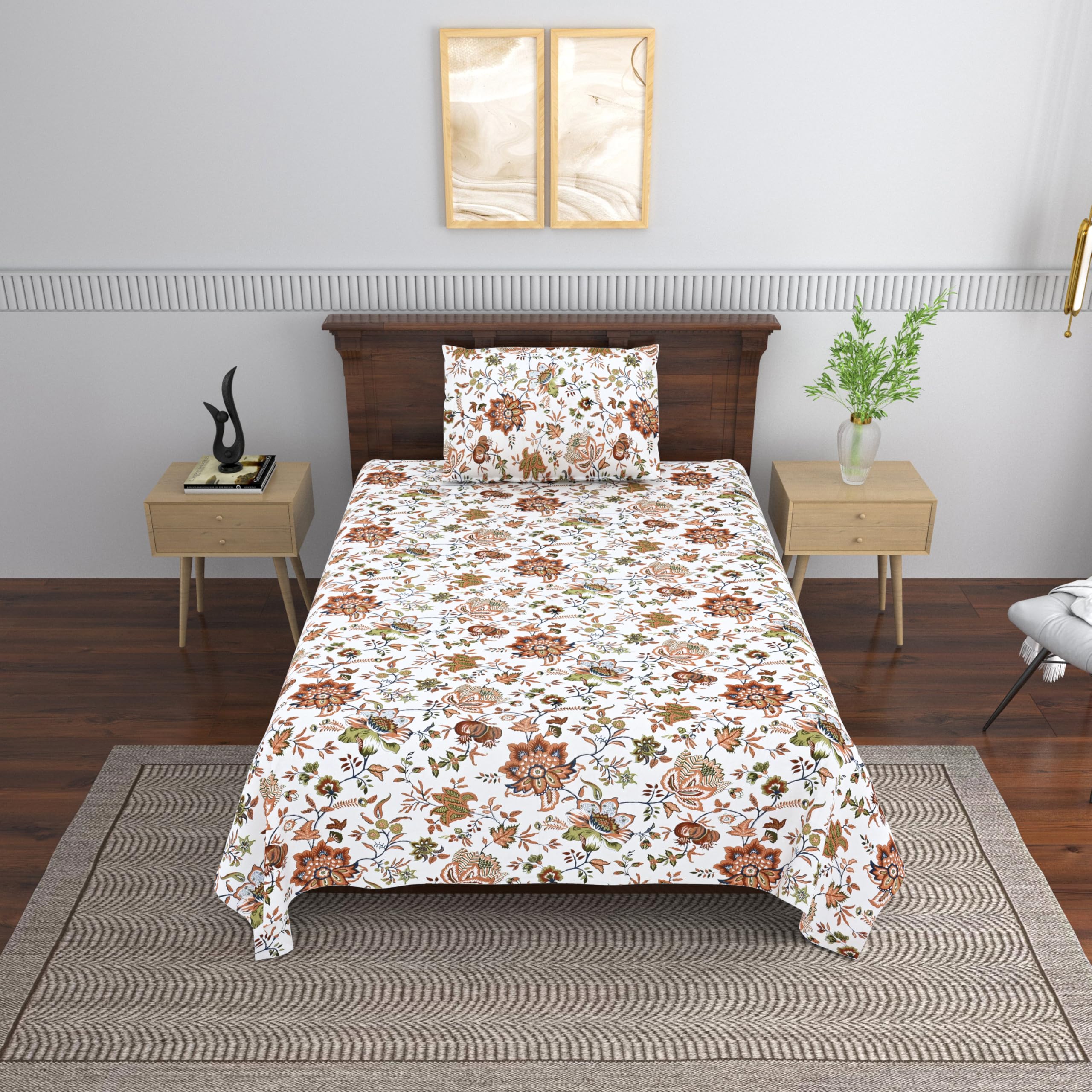 Mafatlal Saanjh 144 TC Single Cotton Bedding 90x60 Inch | Bed Sheet Single Size | Floral Pattern Textile | Ethnic Look | Comfortable Summer Ready Material | Pillowcase Included | Brownish-image-40