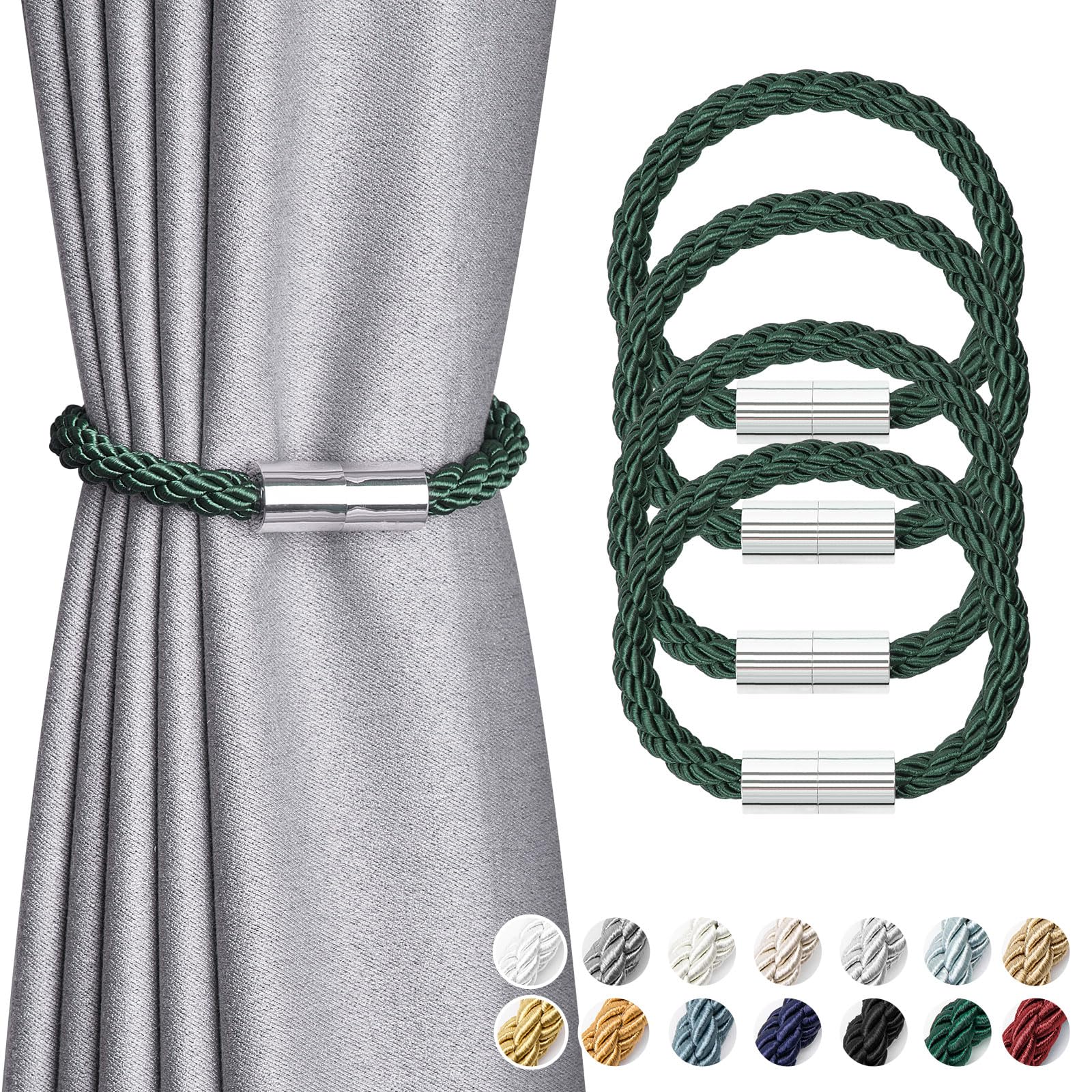 Pretty Jolly 4 Pack Mini Magnetic Curtain Tiebacks Modern Simple Style Drape Tie Backs Elegant Decorative Weave Rope Curtain Holdbacks for Home & Office Thin Window Draperies (Green)