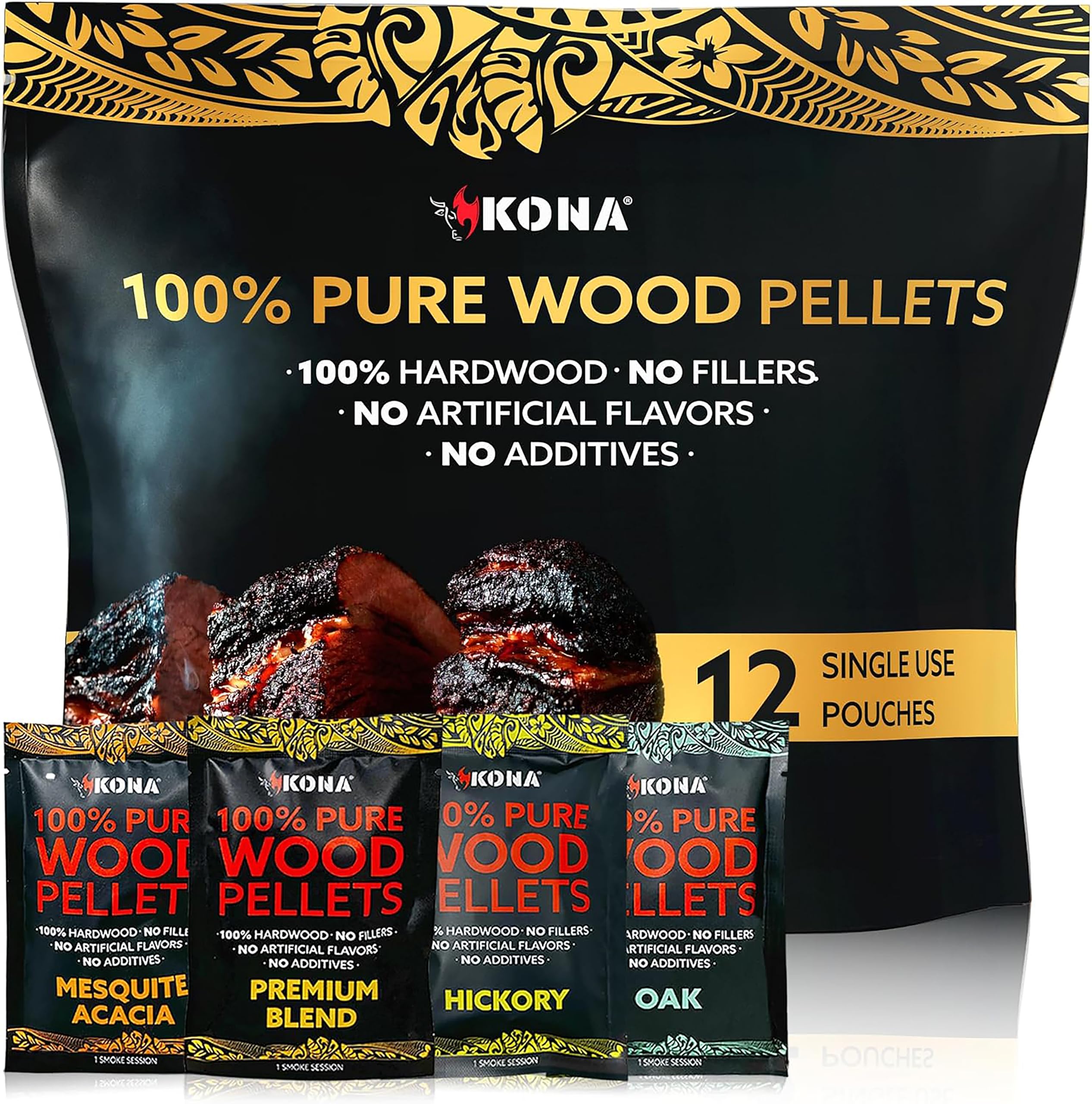 Kona Wood Pellets Intended for The Ninja Woodfire Grill, 12 Single-Use Pouches (4 Flavors)