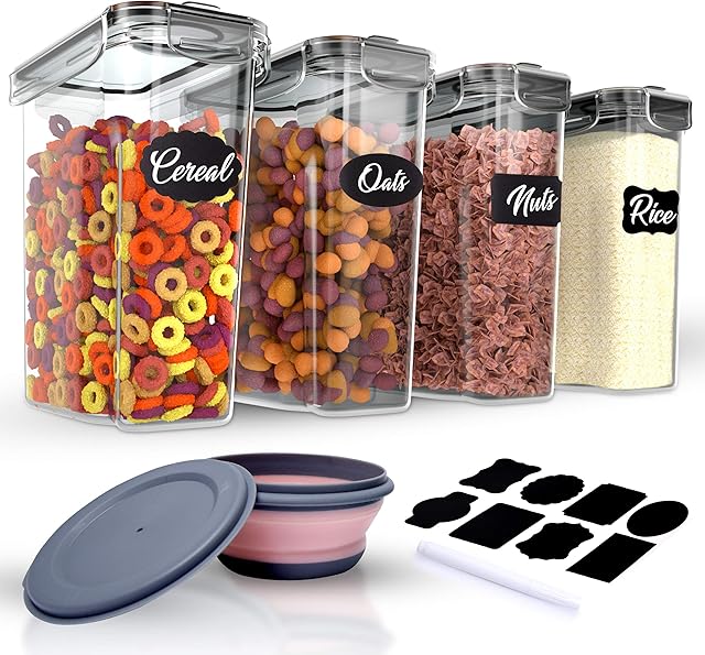 Cereal Storage Containers 4L Set - 4 Large Airtight Food Storage Containers, 8 Labels, Cereal Bowl & Pen. BPA-Free Dispenser Keepers for Kitchen Storage & Organisation