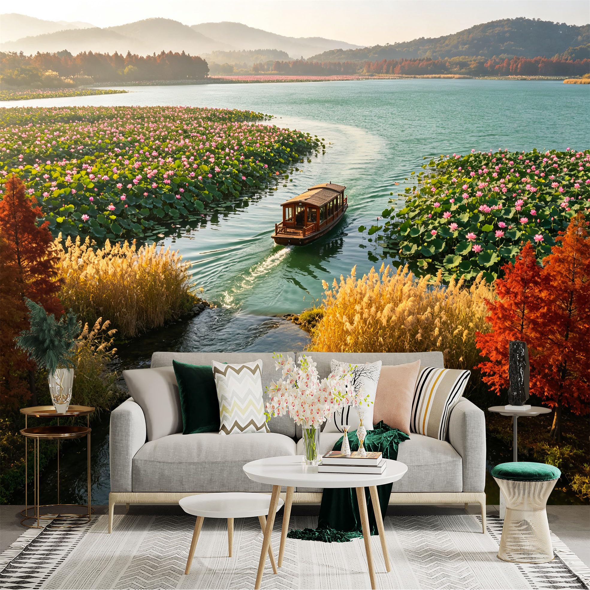 Custom Size Wall Sticker Mural， Wooden Boat on Lotus Lake， Autumn Landscape with Reed Banks， Scenic Nature View， for wall Decoration， peelandstick wall Decals.