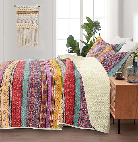 Juego de edredón bohemio de 3 piezas tamaño matrimonialqueen de microfibra con 2 fundas de almohada, suave, ligero, colorido, bohemio, juego de
