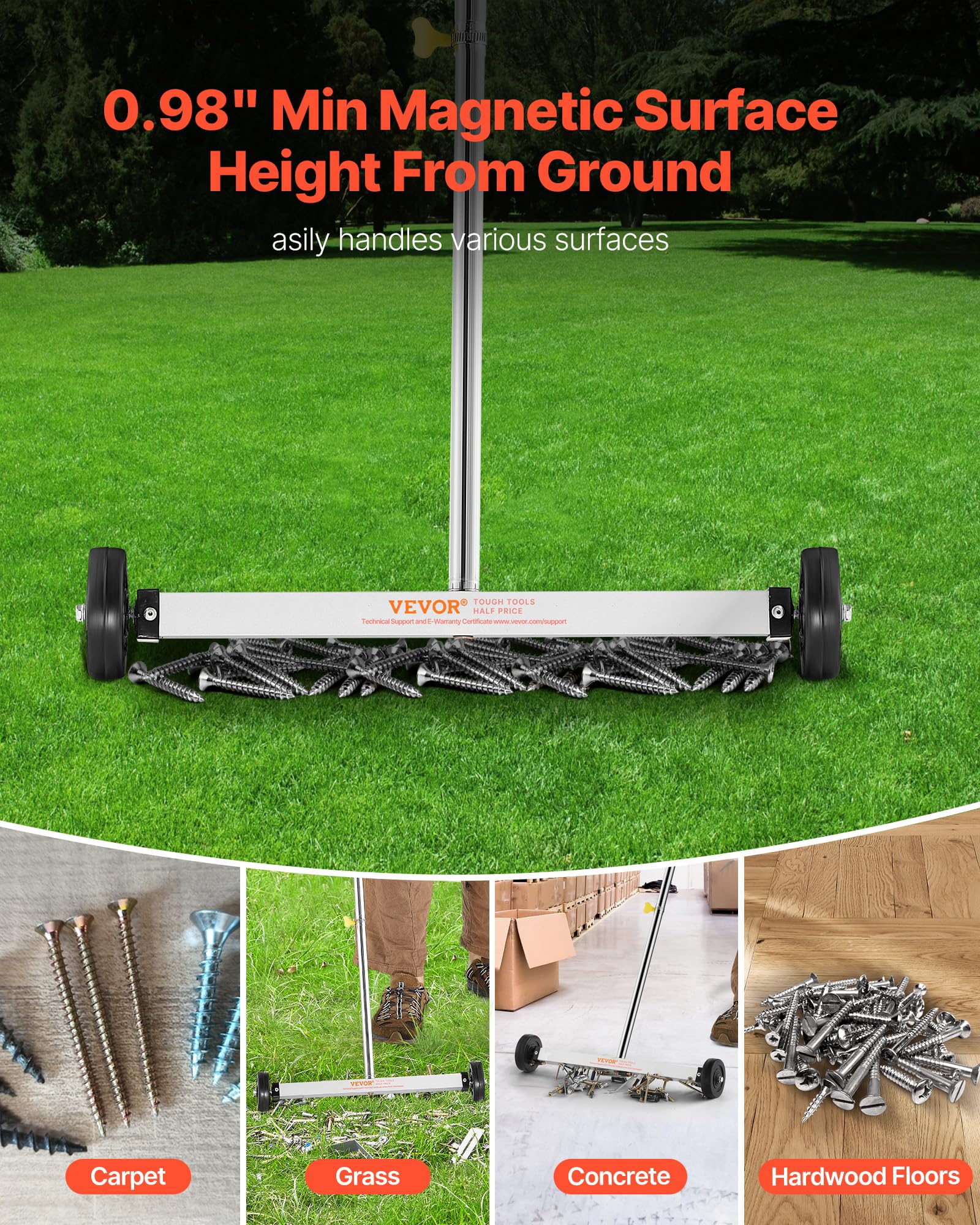 VEVOR Escoba Magnética con Ruedas, Capacidad de Carga de 4,5 kg, Mango Ajustable, para Recoger Clavos y Tornillos, Limpieza para Sitios de Construcción, Fábricas y Almacenes, 445 x 75 x 1040 mm