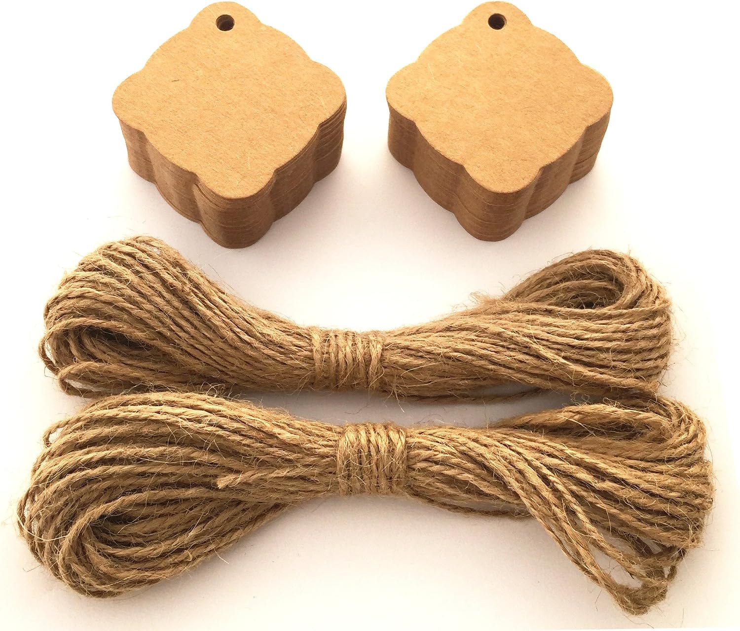 LWR CRAFTS 100 Hang Tags Scalloped Diamond with Jute Twines 100ft (Kraft, 2" x 1/1/4")
