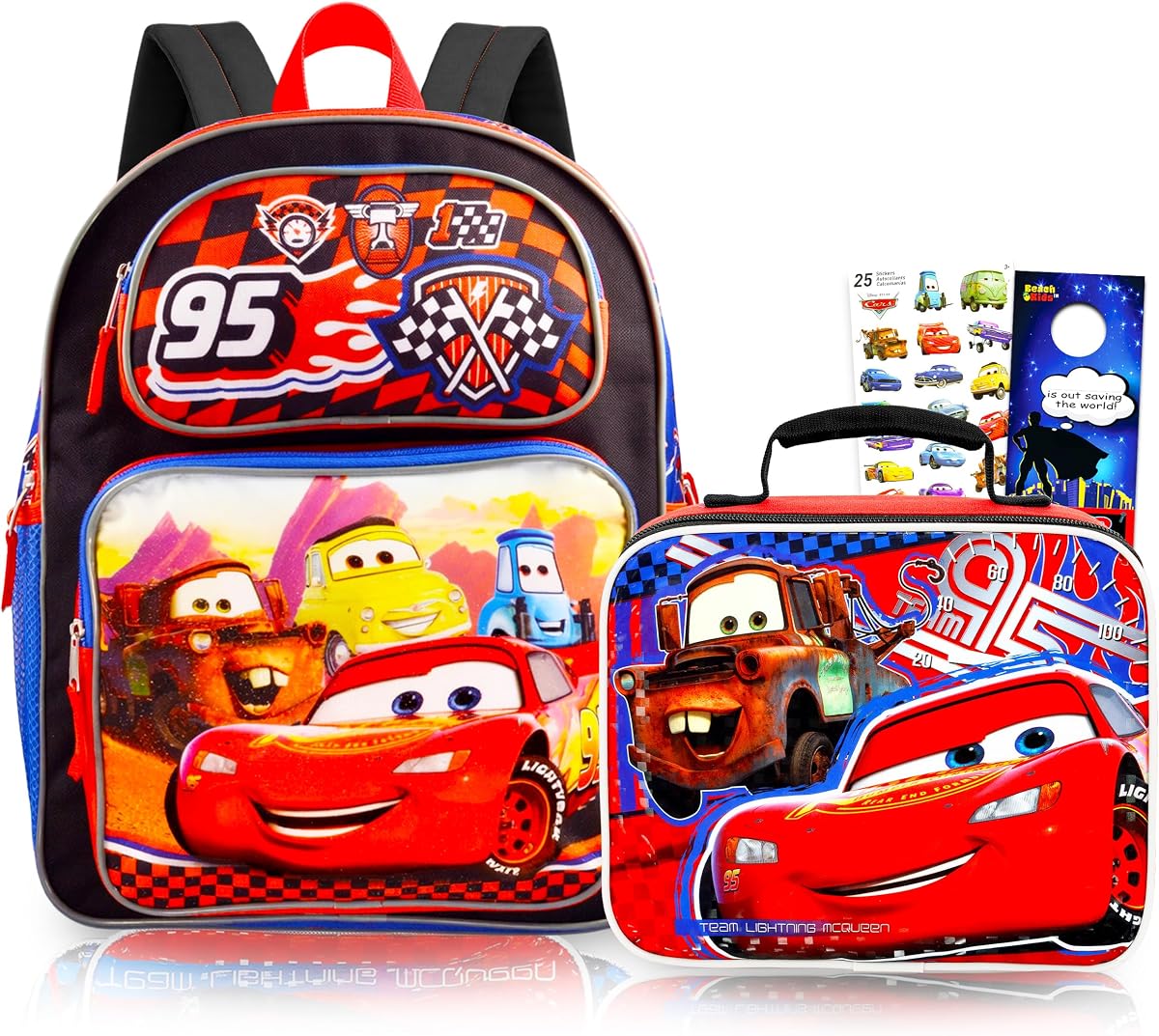 Disney Cars Backpack and Lunch Box Set for Boys School Bundle + More | Insulated Lunch Bag & 15in Large Durable Lightning McQueen Bookbag Plus Stickers, More - Disney Cars School Supplies