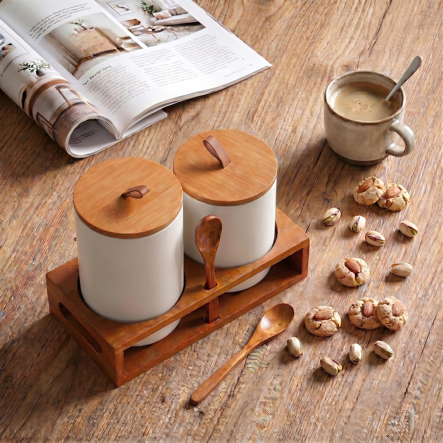 White Ceramic Canister Set with Bamboo Lids, Wooden Stand & Spoons - 2 Piece Airtight Food Storage Jars(35oz/28oz) - Coffee, Sugar, Tea, Kitchen Counter Organizer