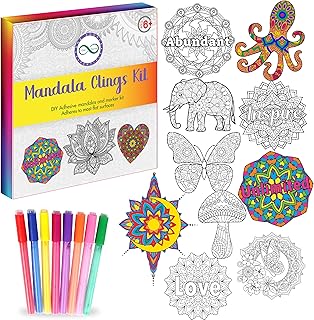 Stained Glass Kit for Adults and Teens - Adult Craft Kit DIY Mandala Window Art Clings with Markers, 10 Unique Designs - Crafts for Teens, Mandala Art Kit with Advanced Adhesive