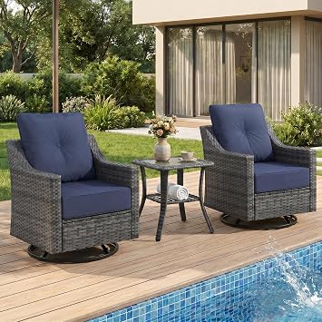 3-Piece Outdoor Patio Furniture Set, Grey Wicker Conversation Set with 2 Swivel Chairs and Side Table, 6-Inch Blue Olefin Cushions for Porch, Deck, Balcony