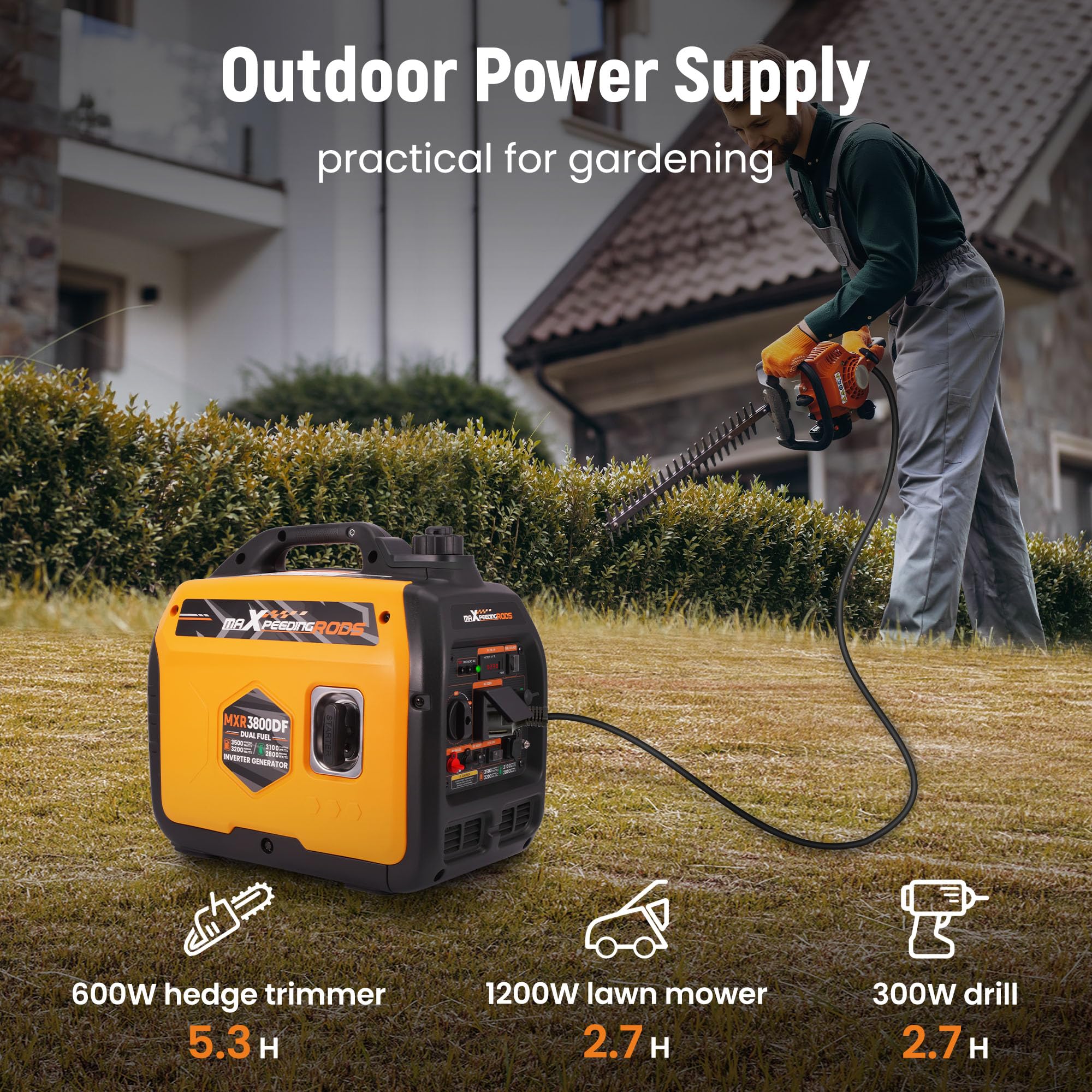 maXpeedingrods Generador de corriente de 3500 W LPG/gasolina inversor de doble combustible, con enchufe de 230 V/16 A; 2 puertos USB para camping, viajes al aire libre