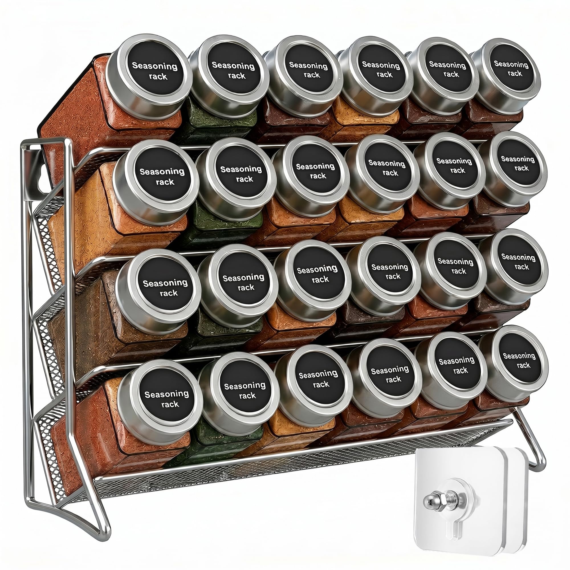 UAVAUI 4 Tier Spice Rack, Seasoning Storage Rack with Adhesive Hooks Kitchen Seasoning Sorting and Storage, Spice Rack for Cabinets, Kitchen Countertops
