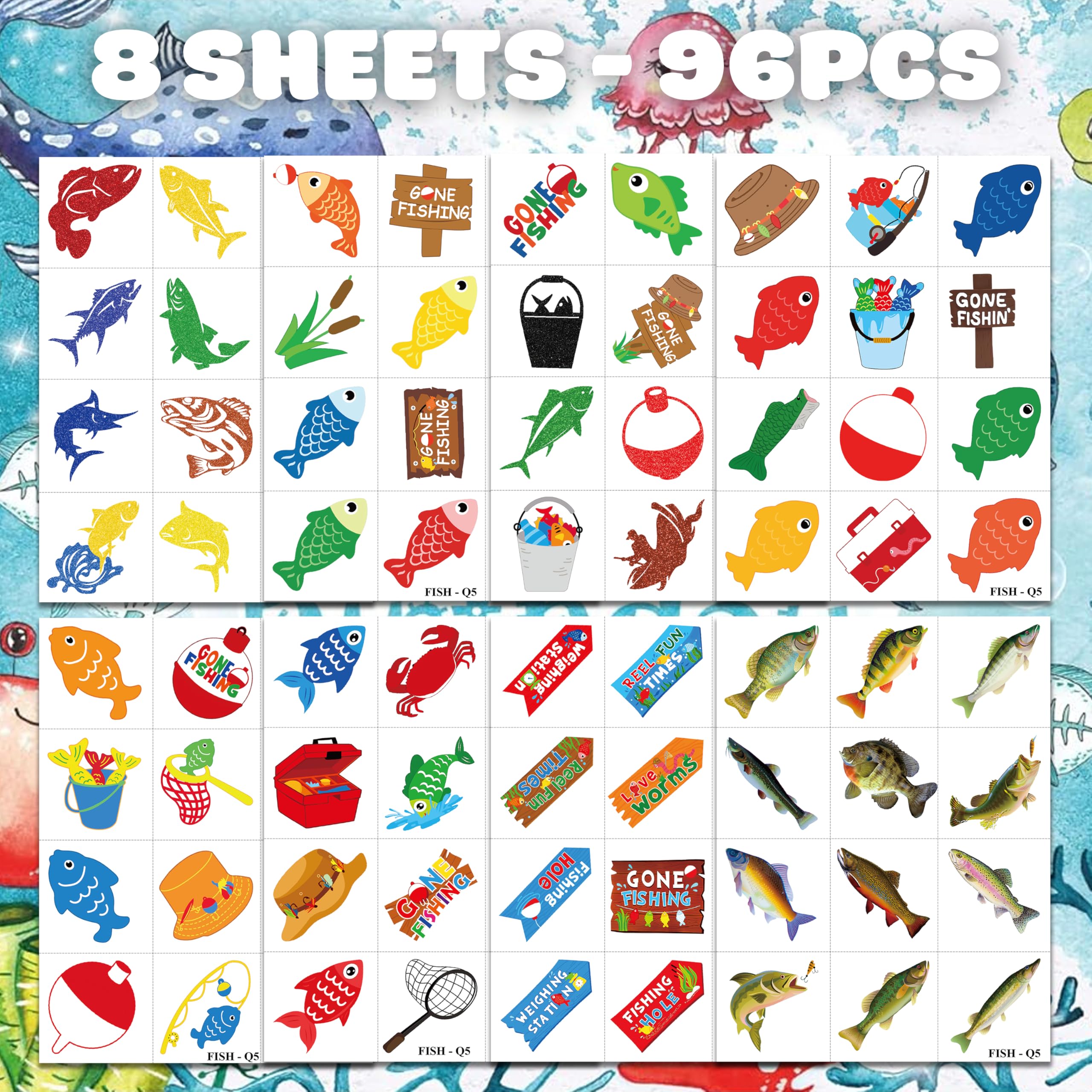 96 PCS Gone Fishing Fish Pre-Cut Temporary Tattoos for Kids Birthday Theme Party Supplies Decorations Favors Decor Cute Little Nautical Fisherman Tattoo Stickers Gifts for School Prizes Boys Girls