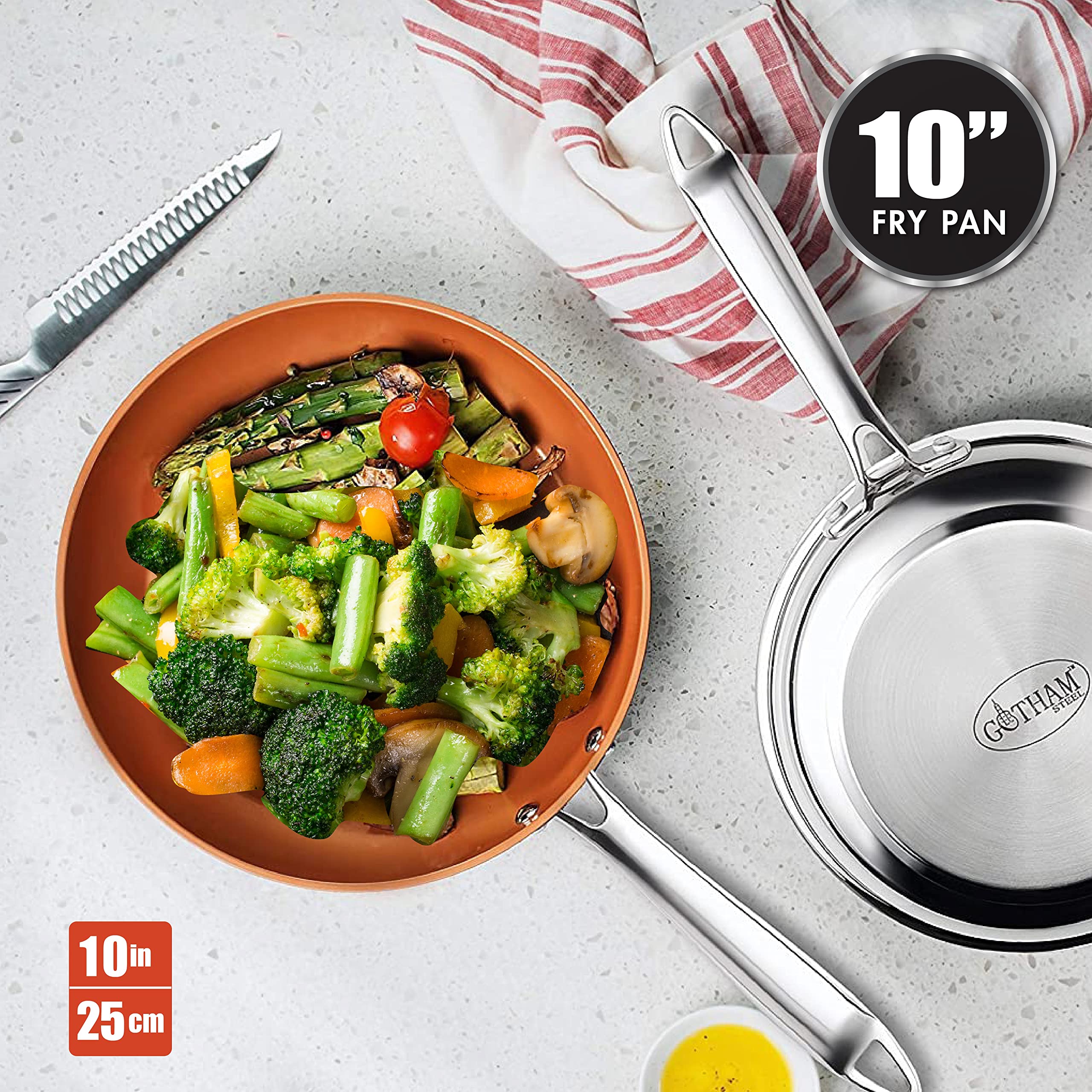 Gotham Steel Stainless Steel Premium 10â€? Frying Pan, Triple Ply Reinforced with Super Nonstick Ti- Cerama Copper Coating and Induction Capable Encapsulated Bottom â€“ Dishwasher Safe