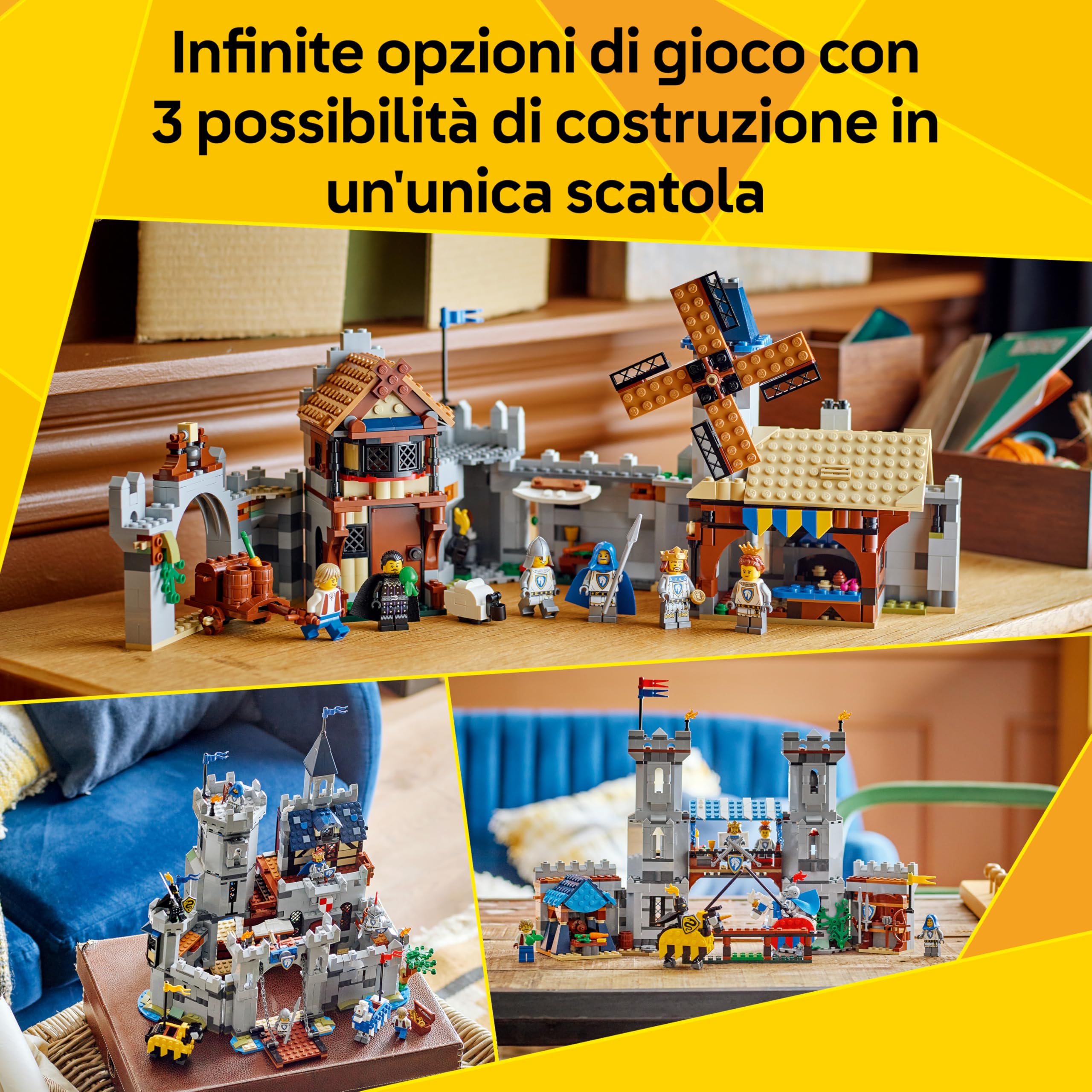 LEGO Creator 3 in 1 Castello del Cavaliere Medievale - Giocattolo Trasformabile in Scena di Torneo o in Villaggio - Include 6 Minifigure - Regalo Creativo per Bambini e Bambine da 9 Anni in su - 31168