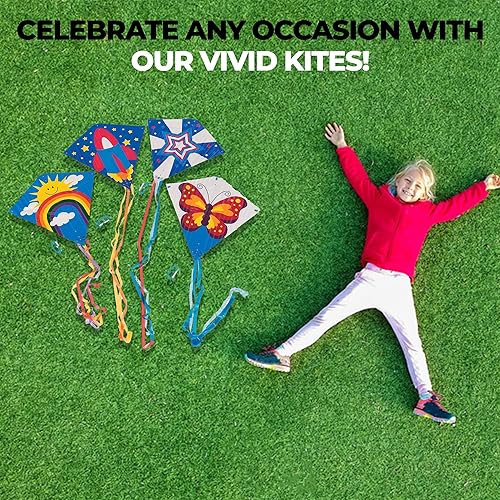 Miniatura 6 de Fun Express - Paquete surtido de cometas voladoras de 28 x 28 pulgadas con colas de 54 pulgadas, estilos y colores surtidos, 200 pies de cuerda con
