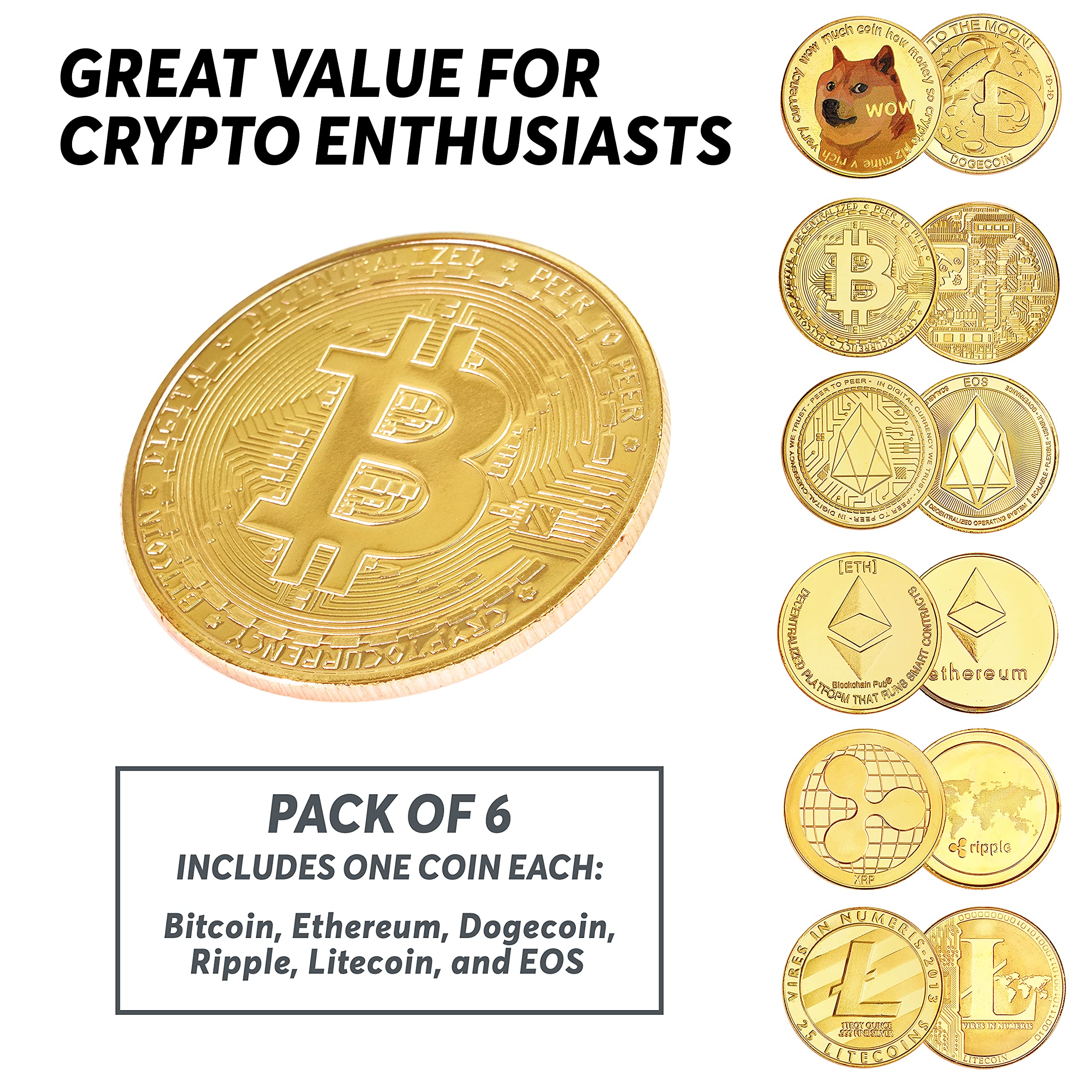 Chattanooga Crypto HODLing Co Pack of 6 Crypto Coins | Includes Collectible Bitcoin  Coin | Ethereum Coin | Litecoin | XRP Coin | Dogecoin | EOS Coin | Cryptocurrency  Coins | Crypto Coins Collection : Amazon.co.uk: Toys & Games