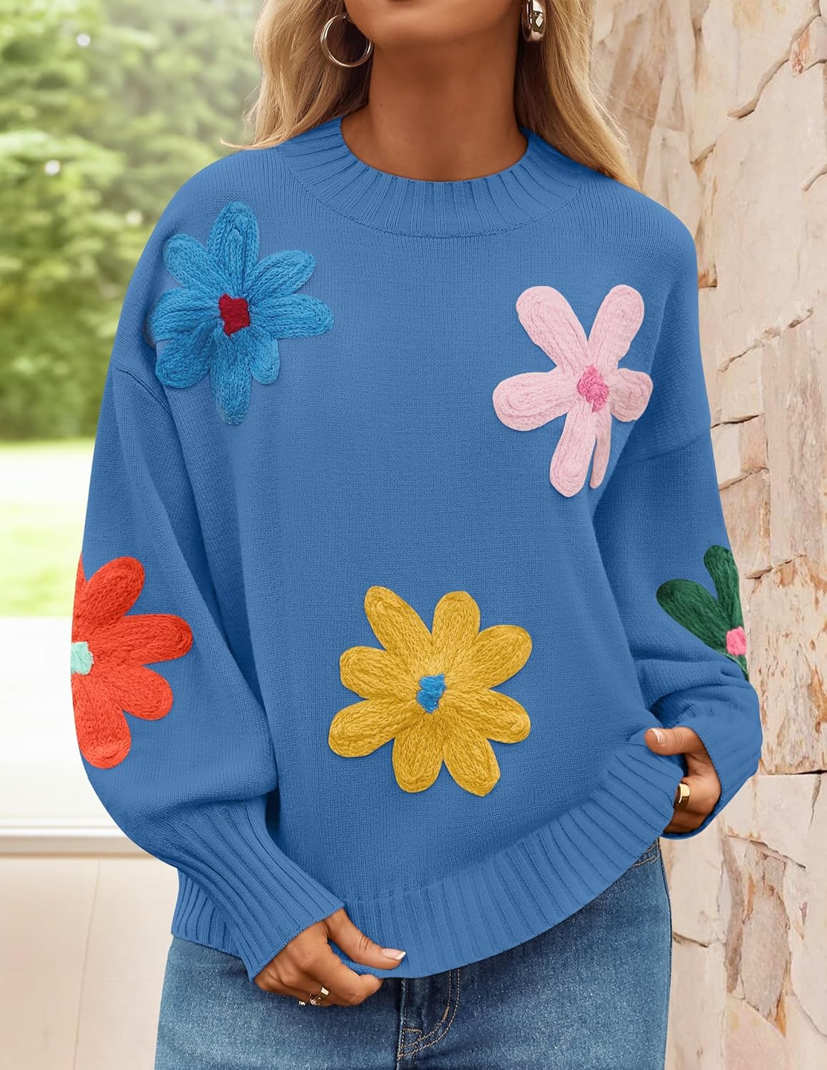 ZESICA Women's Long Puff Sleeve Sweaters Casual Crewneck Ribbed Knit Flower Color Block Loose Pullover Tops - Image 3