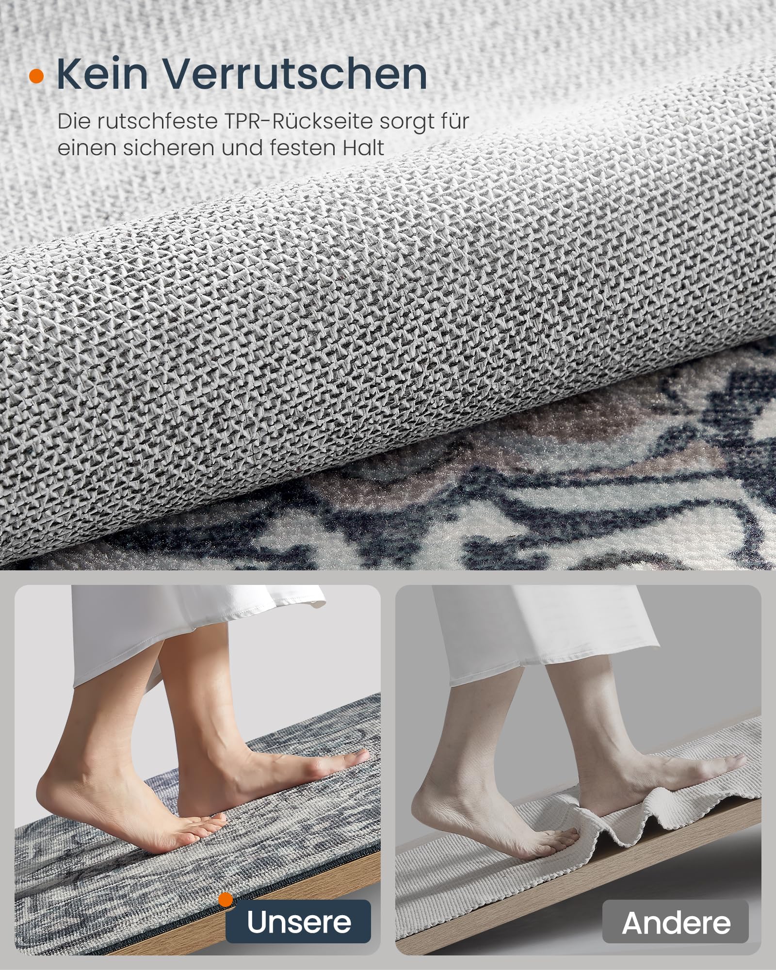 SONGMICS Vintage Teppich, 160 x 230 cm, Wohnzimmerteppich, Schlafzimmerteppich, Waschbarerteppich, Rutschfester Teppich, für Küche, Flur, Esszimmer, Taubengrau TAR033G01