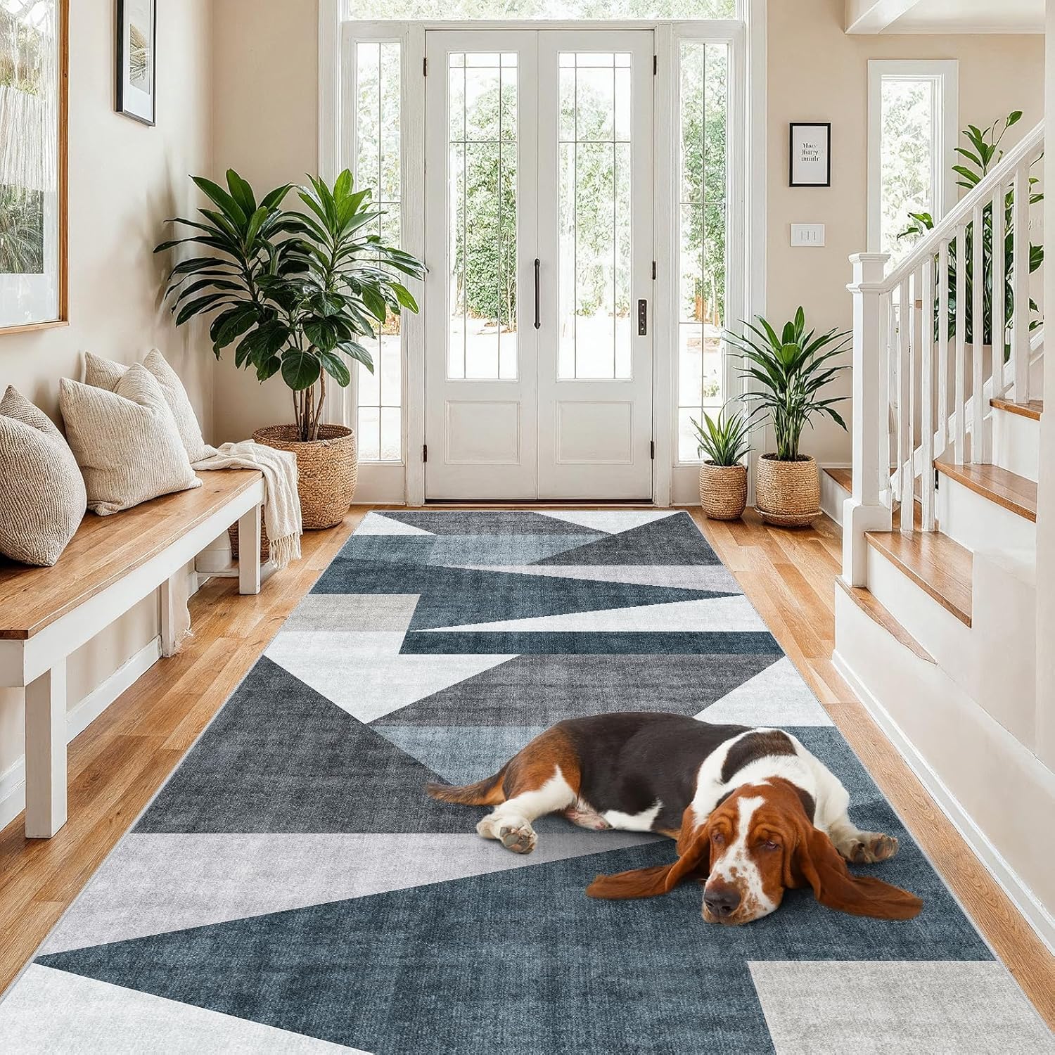 4x8 Washable Kitchen Runner Rug - Modern Wide Hallway Runners with Geometric Pattern Neutral Floor Non Slip Rug Soft Low-Pile Carpet for Living Room Bedroom Bathroom Indoor Home Decor Blue/Grey
