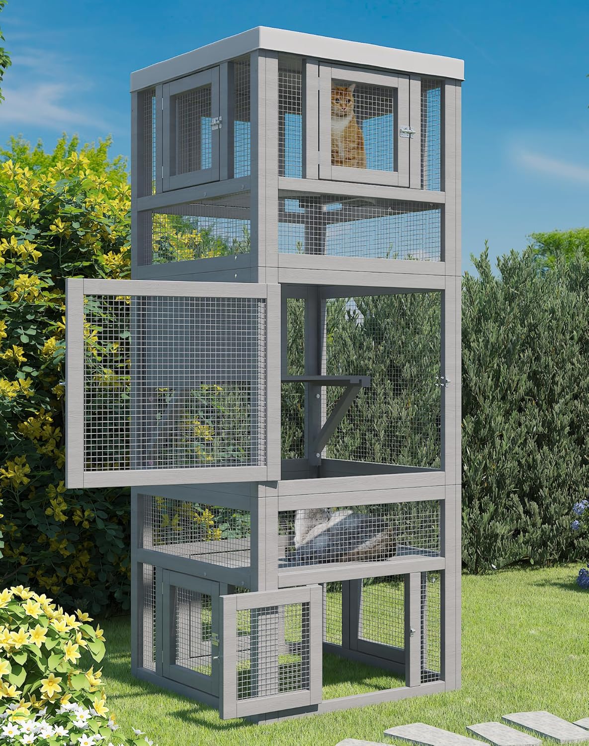 Catio Outdoor Cat Enclosure, 3-Tier Cat Catio with Platform, Cat House and 8 Removable Door can Connect with Cat Tunnel, DIY Wooden Cat Cage with Waterproof Cover for Multiple Cats