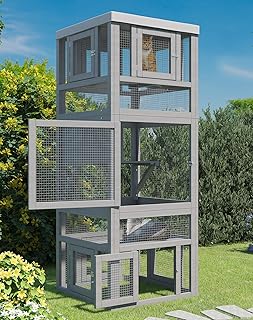 Catio Outdoor Cat Enclosure, 3-Tier Cat Catio with Platform, Cat House and 8 Removable Door can Connect with Cat Tunnel, DIY Wooden Cat Cage with Waterproof Cover for Multiple Cats