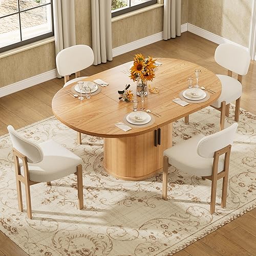 Miniatura 2 de Juego de mesa de comedor retro grande para 4, moderno juego de mesa de cocina ovalada con 4 sillas tapizadas, mesa de MDF sólida con estante de