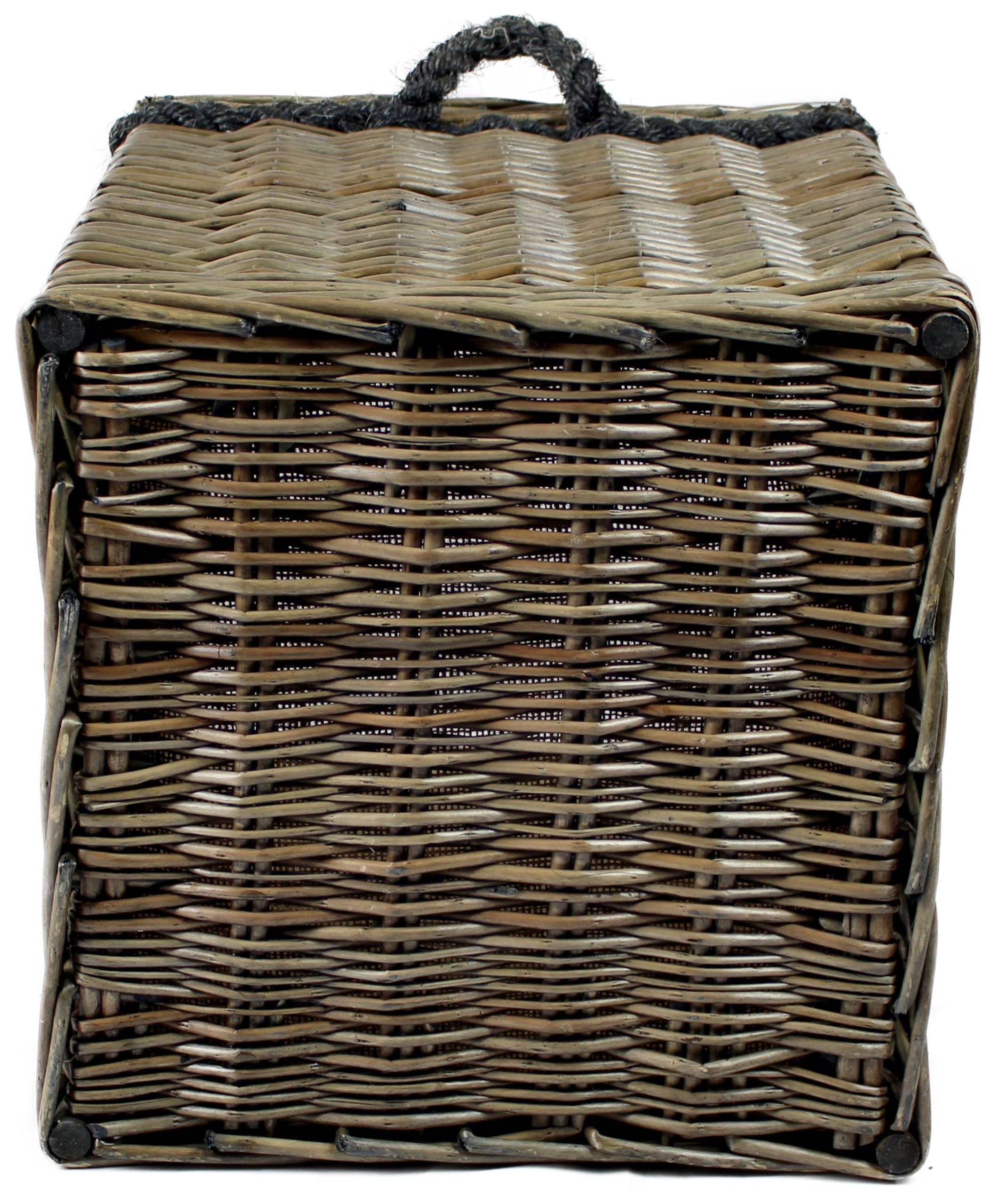 Grande cesto per legna in vimini grigio anticato, manici in corda, contenitore per legna e legna per camino, o scarpe, giocattoli, biancheria (35 litri, quadrato)