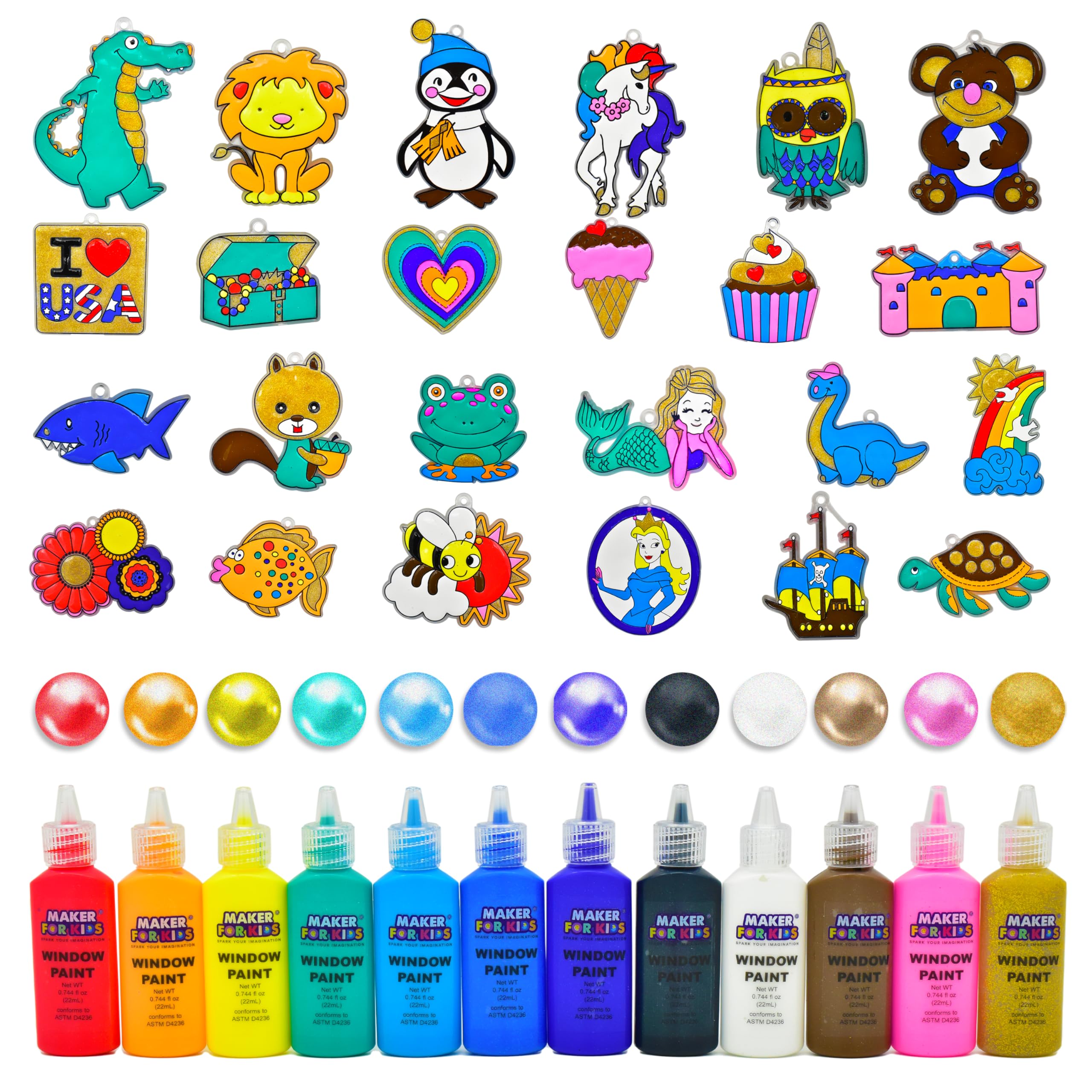 KOKO AROMA Window Paint Art Create Your Own Suncatcher Craft Kit-Boys Girls-Toys Age 6-12 Toddler Children’s DIY Sticker Windows Clings with Fun Story Coloring Book–[24] Sun Catchers[12] Paints Arts