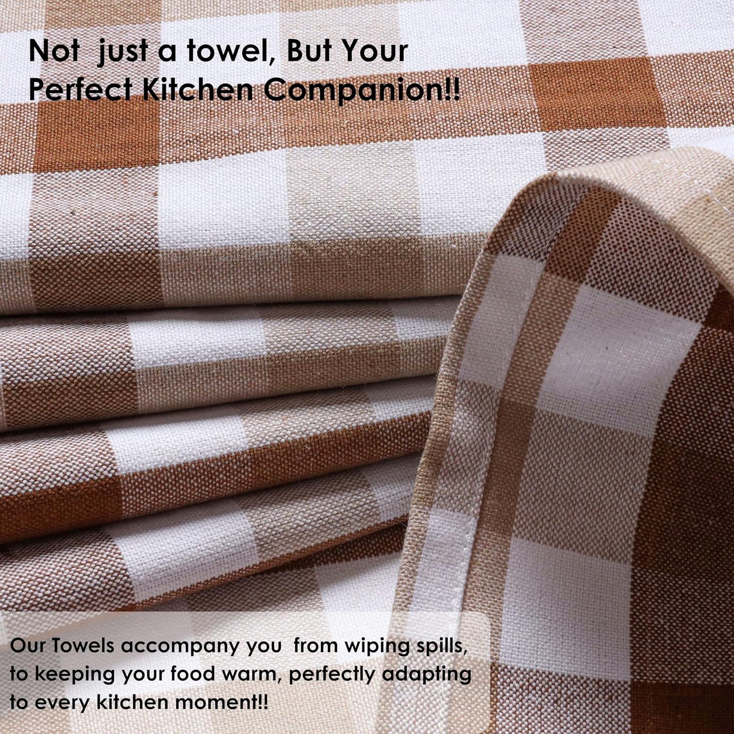 Gingham Check Kitchen Towels 12 Pack, 18"x26", 100% Cotton, Super Absorbent & Quick Dry, Durable Dish Towel for Drying Dishes, Machine Washable, Everyday Use - Brown, Beige, White