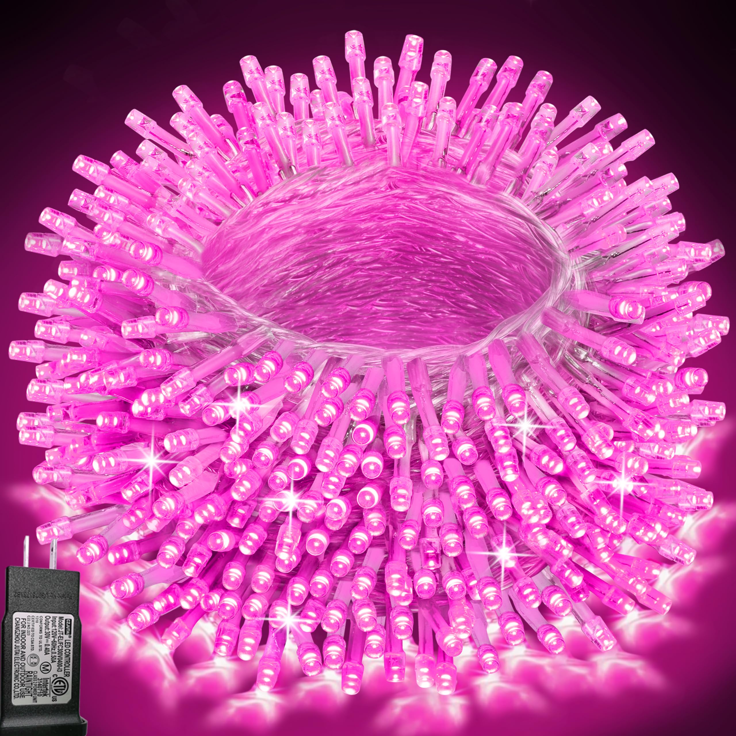 66 ft 200 LED Pink String Lights, Pink Christmas Lights Plug