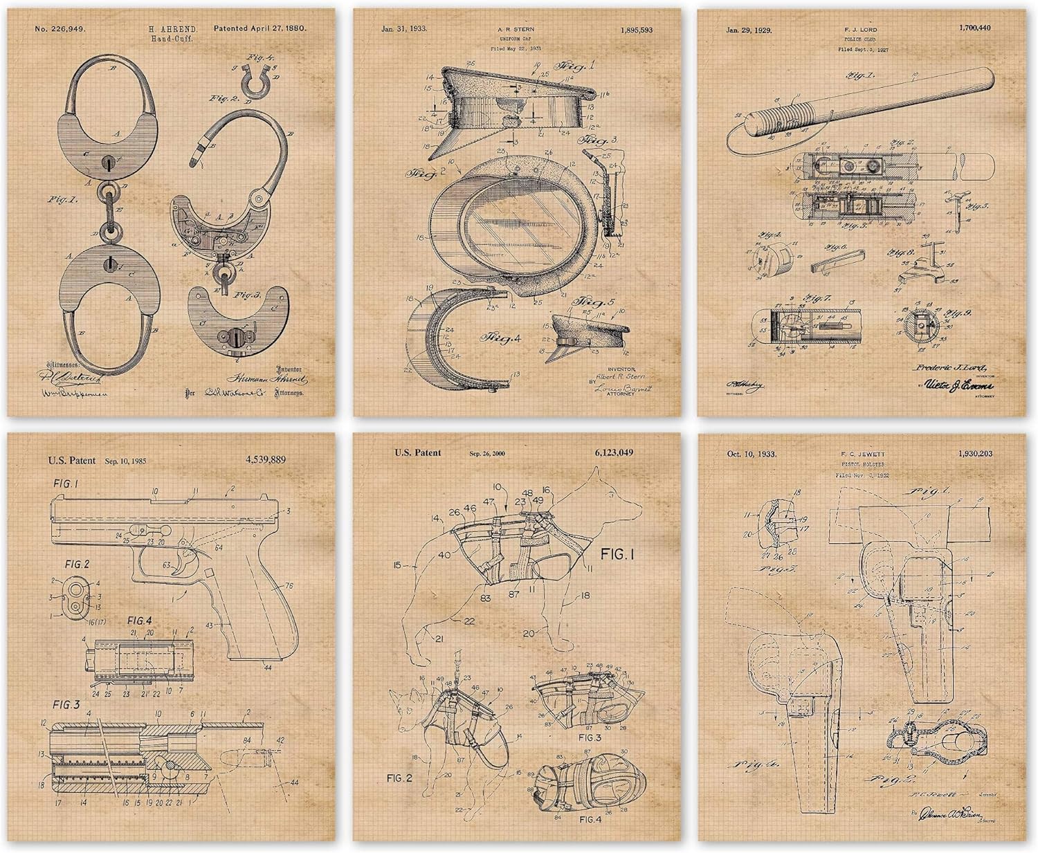 Classic Law Police Officer Patent Prints, 6 (8x10) Unframed Photos, Wall Art Decor for Home Work Office Garage Shop School Cadet Academy Student Teacher Coach Security Safety Instructor