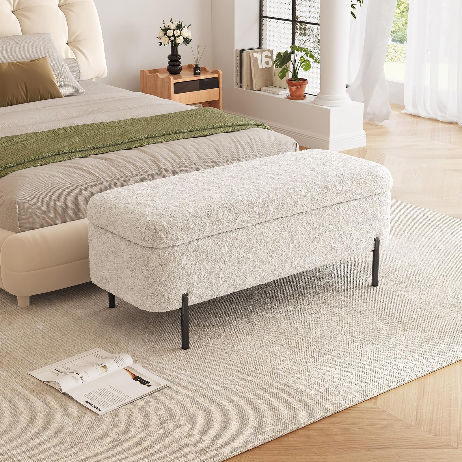 Guyii Banco de cama con espacio de almacenamiento, banco tapizado para dormitorio, banco de almacenamiento elegante para cama, banco de almacenamiento con cojines, cofre moderno para salón y pasillo