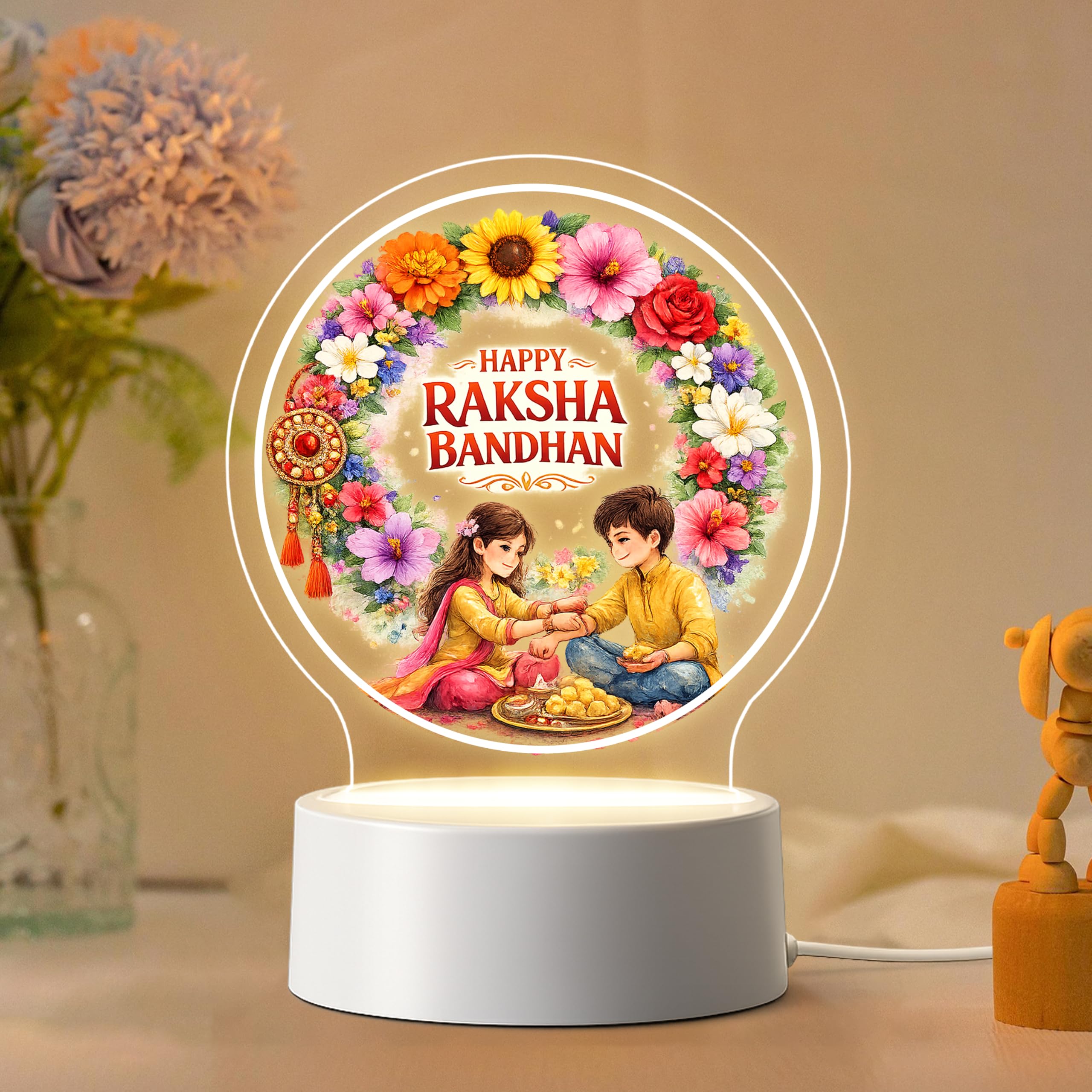 Rakhi Gift for Brother and Sister | Decorative LED Night Lamp | Brother Sister Gift | Raksha Bandhan Gift for Bhai Behan | Home Decor | 5.5 x 5.5 Inch-image-46