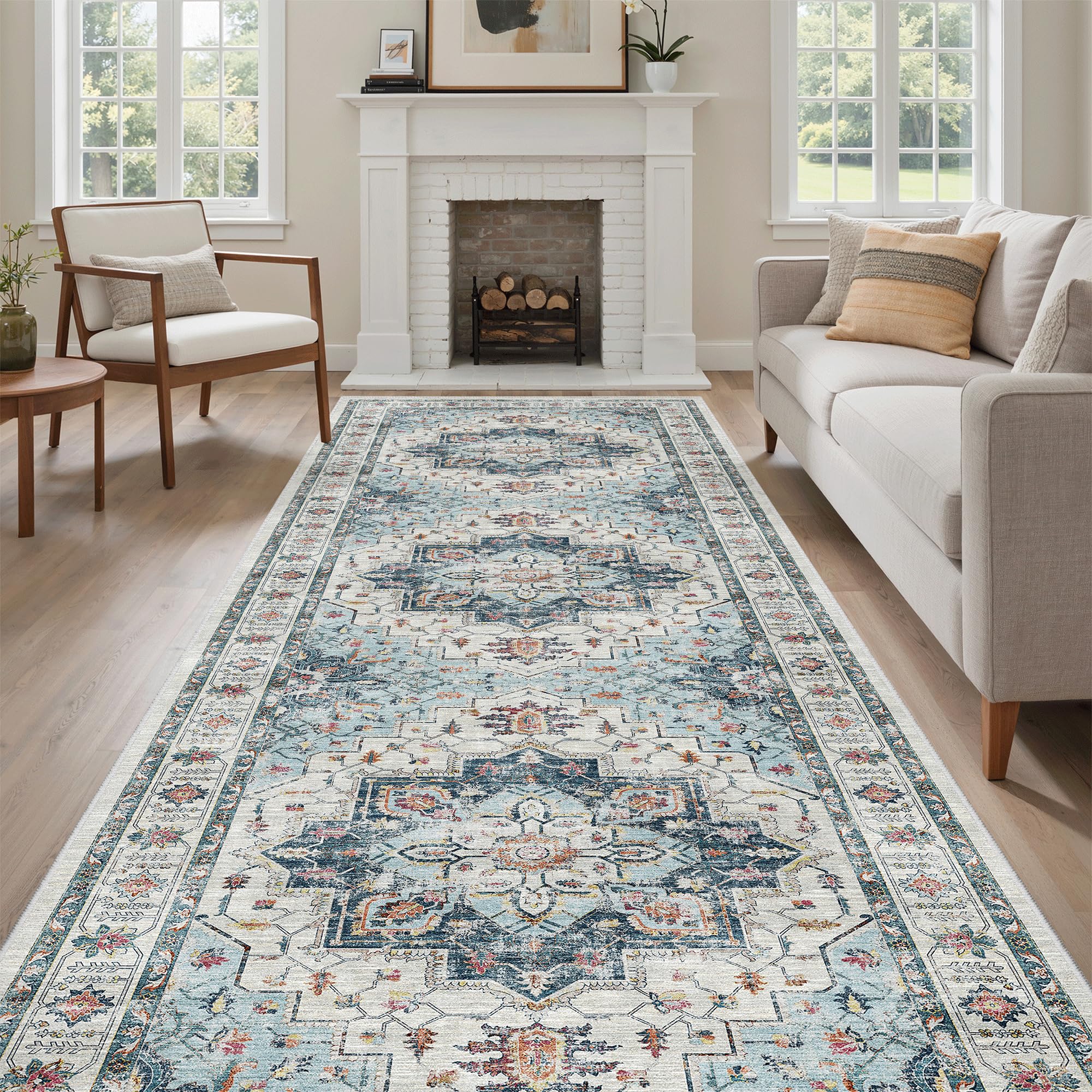 Madane 4x12 Wide Hallway Runners: Washable Runner Rug for Entryway Living Room Soft Vintage Non Slip Carpet Runner for Kitchen Dining Room Nursery Bedroom Thin Area Rug (Blue, 4x12ft) — image 1