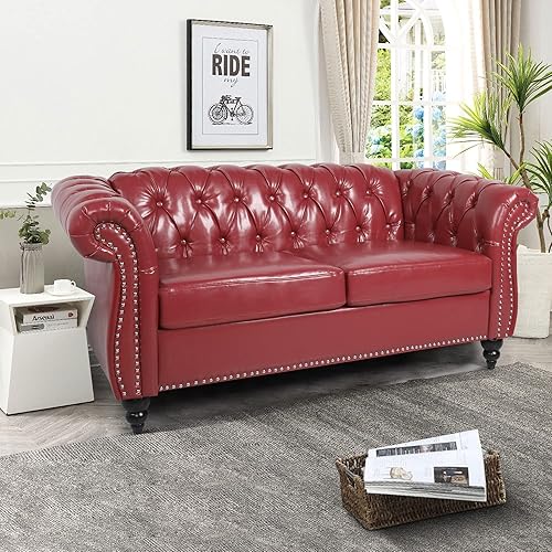 Miniatura 2 de RARZOE Sofá tradicional Chesterfield de poliuretano biplaza, moderno sofá vintage Chesterfield de piel sintética con botones capitoné y brazos