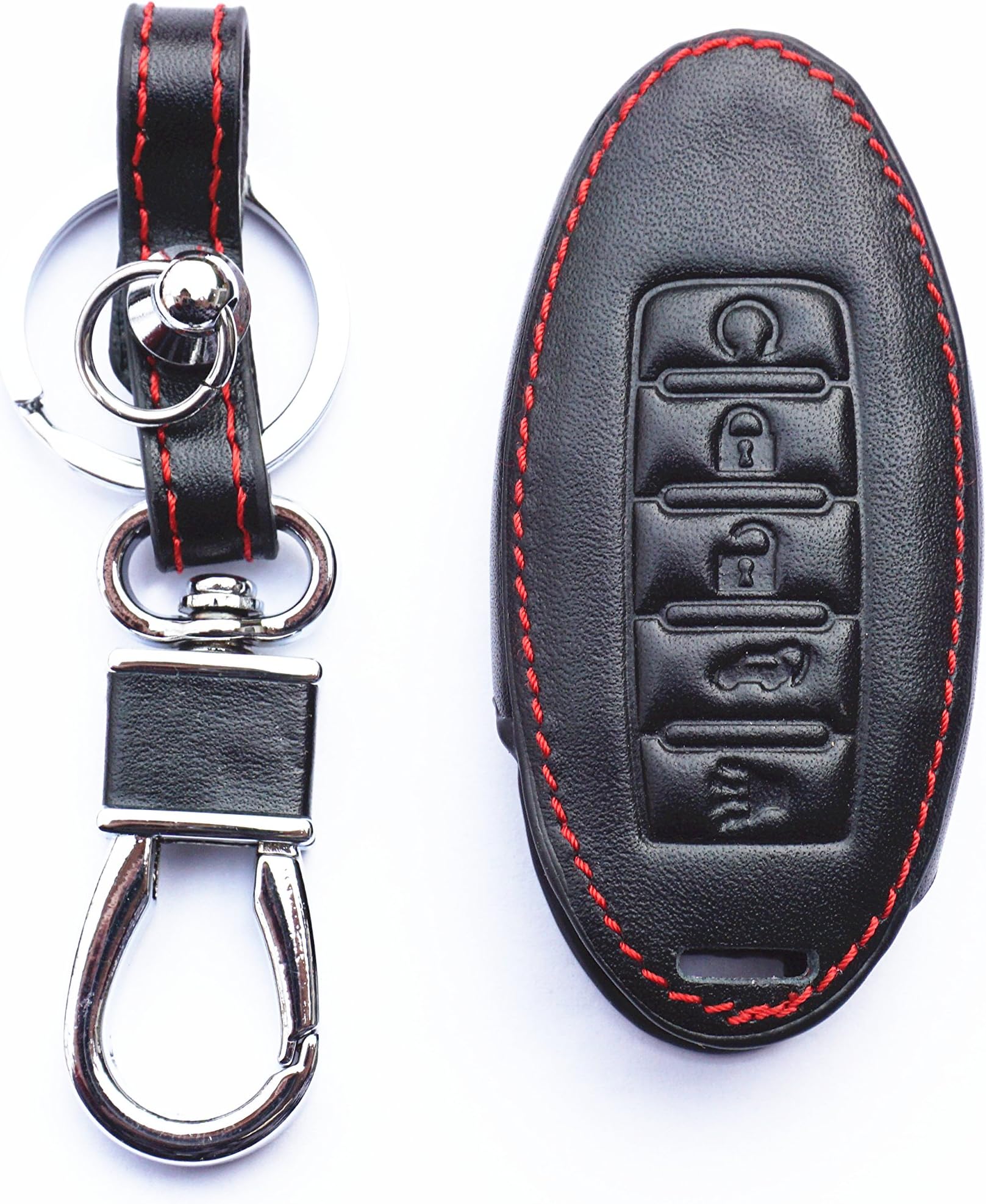 MJKEY 5 Buttons Genuine Leather Keyless Entry Remote Control Smart Key Case Fob Cover protector For 2018 2017 Nissan Armada Murano Rogue Maxima Altima Sedan Pathfinder KR5S180144014