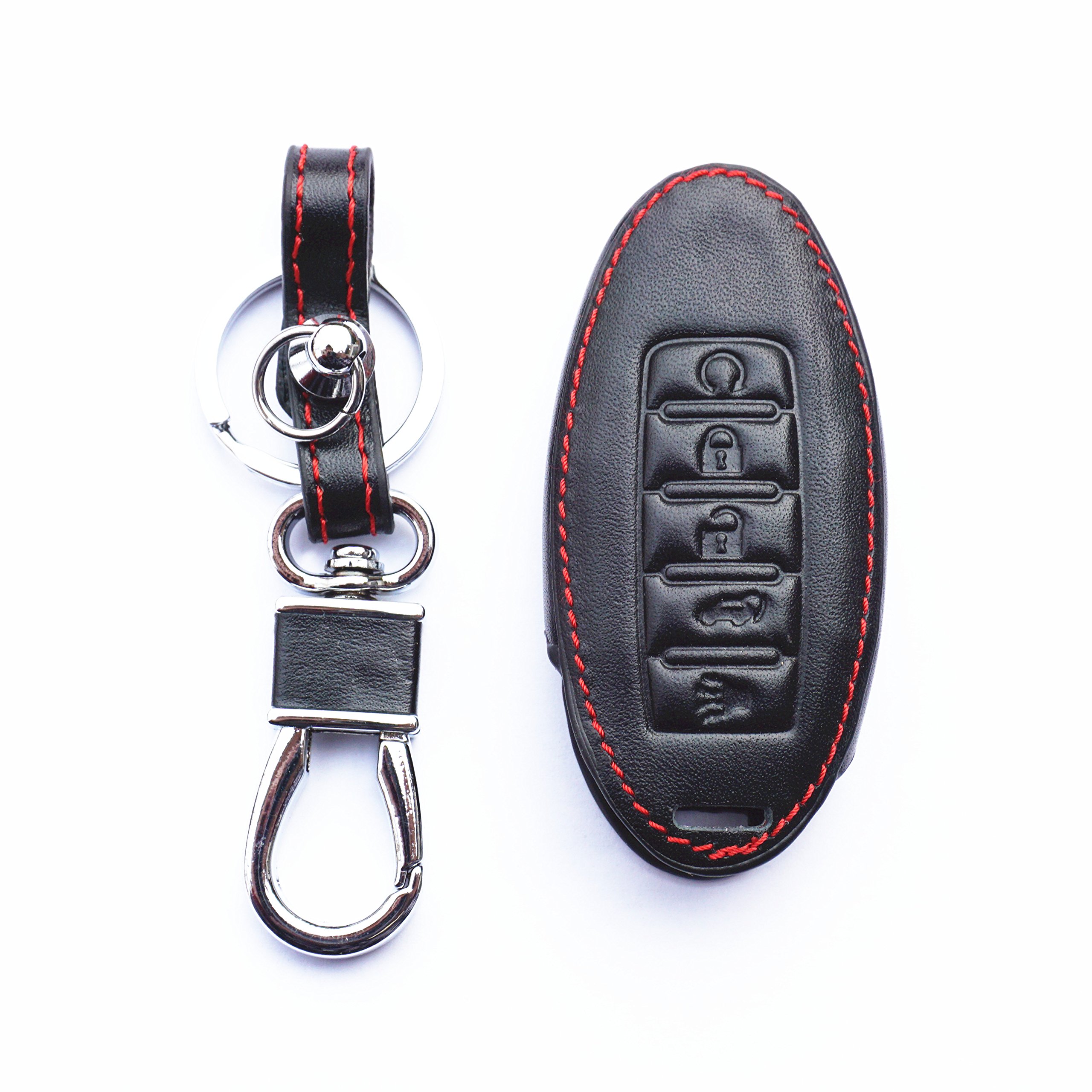 MJKEY 5 Buttons Genuine Leather Keyless Entry Remote Control Smart Key Case Fob Cover protector For 2018 2017 Nissan Armada Murano Rogue Maxima Altima Sedan Pathfinder KR5S180144014