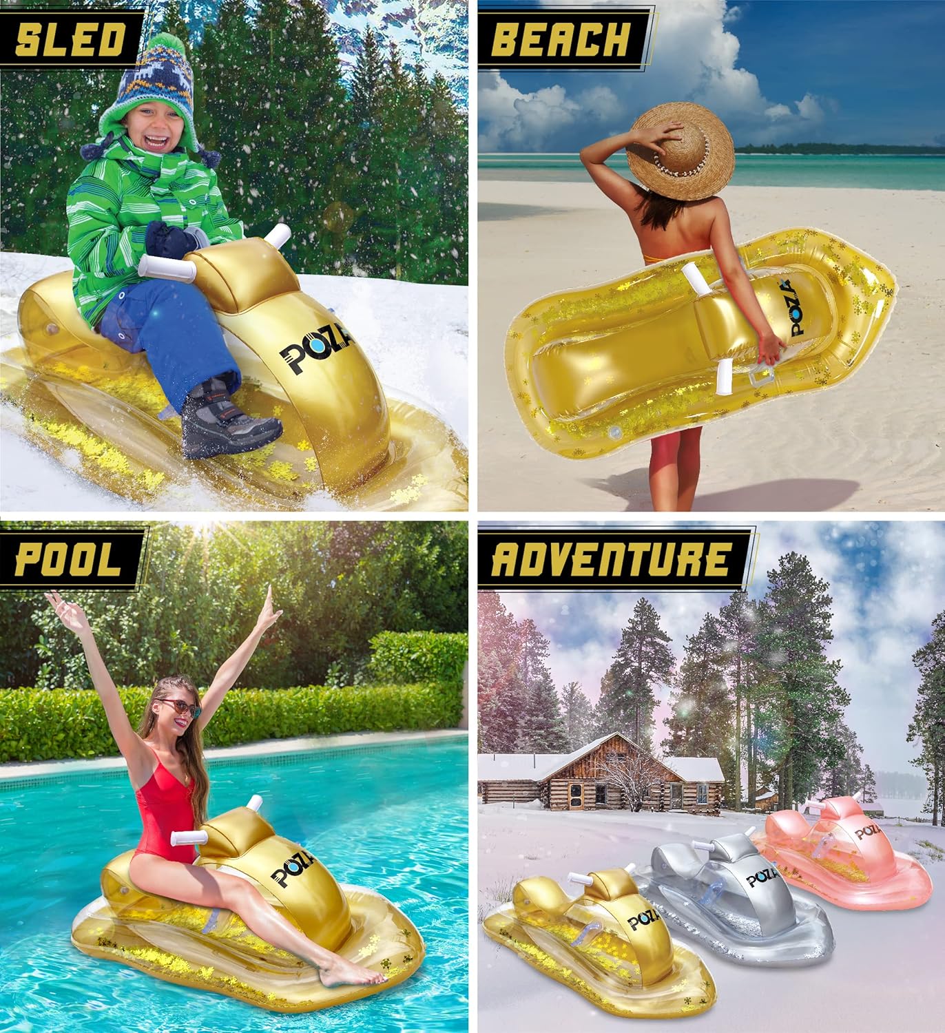 POZA Inflatable Snowmobile Sled- Luxurious Snow Sled with Handles and Filled with Gold Snowflake Confetti, Premium Cold Resistant Heavy Duty PVC Sled for Adults and Kids - 51 Inch