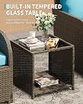 5-Piece Patio Conversation Set - Outdoor Rattan Furniture | Cushioned Chairs & Ottomans, Tempered Glass Table, All-Weather Wicker Sofa Set for Backyard, Balcony & Garden, Blue Cushions