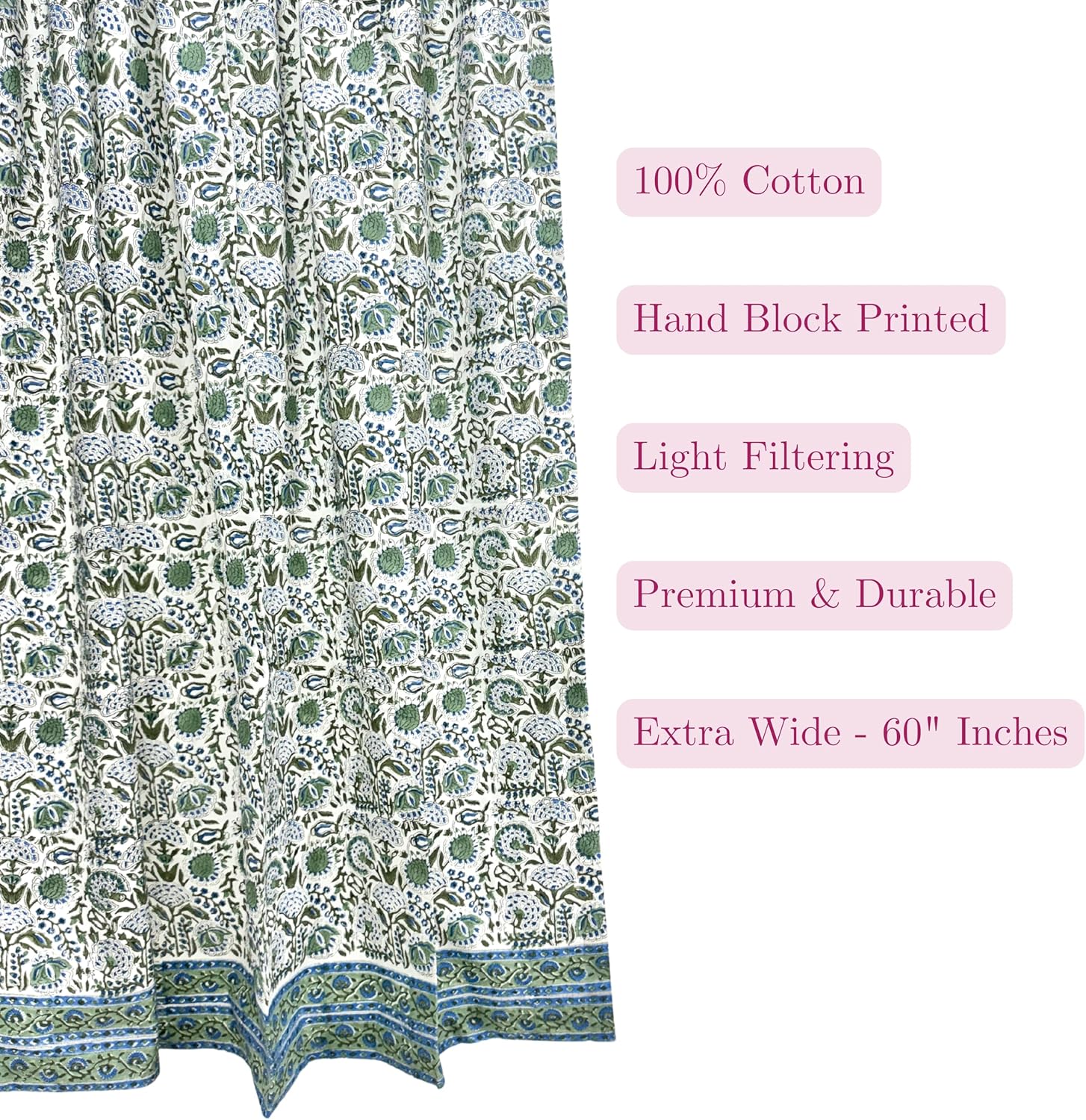 ATOSII 100% Cotton Single Panel Block Print Curtain, Easy Hanging with Rod Pocket & Loop, Living Room, Dining Room, Bedroom Light Filtering Boho Curtains, Set of 1, 60" W X 96" L, Clover Blue
