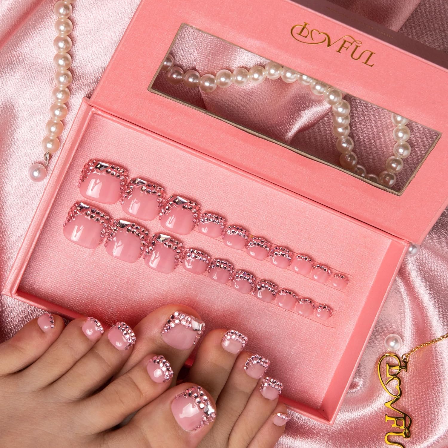 LOVFUL Handmade Acrylic Press on Toenails Pink French Tip Rhinestone | Salon Quality 20 PCS Free Size Toe Nails | Reusable Fake Nails for Toe | T27