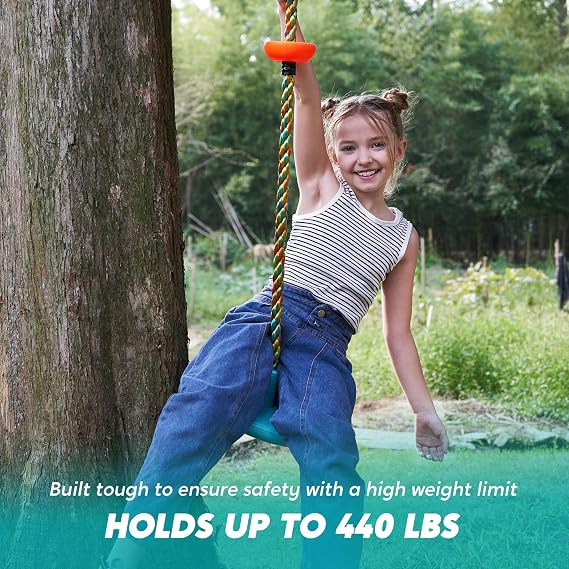 TURFEE Climbing Rope Tree Kids Swing with Platforms and Disc Swings Seat,Outdoor Indoor Backyard Playground Swingset Accessories Single Disk 6 Ft Outdoor Climbing Rope,Carabiner &4 Ft Tree Strap