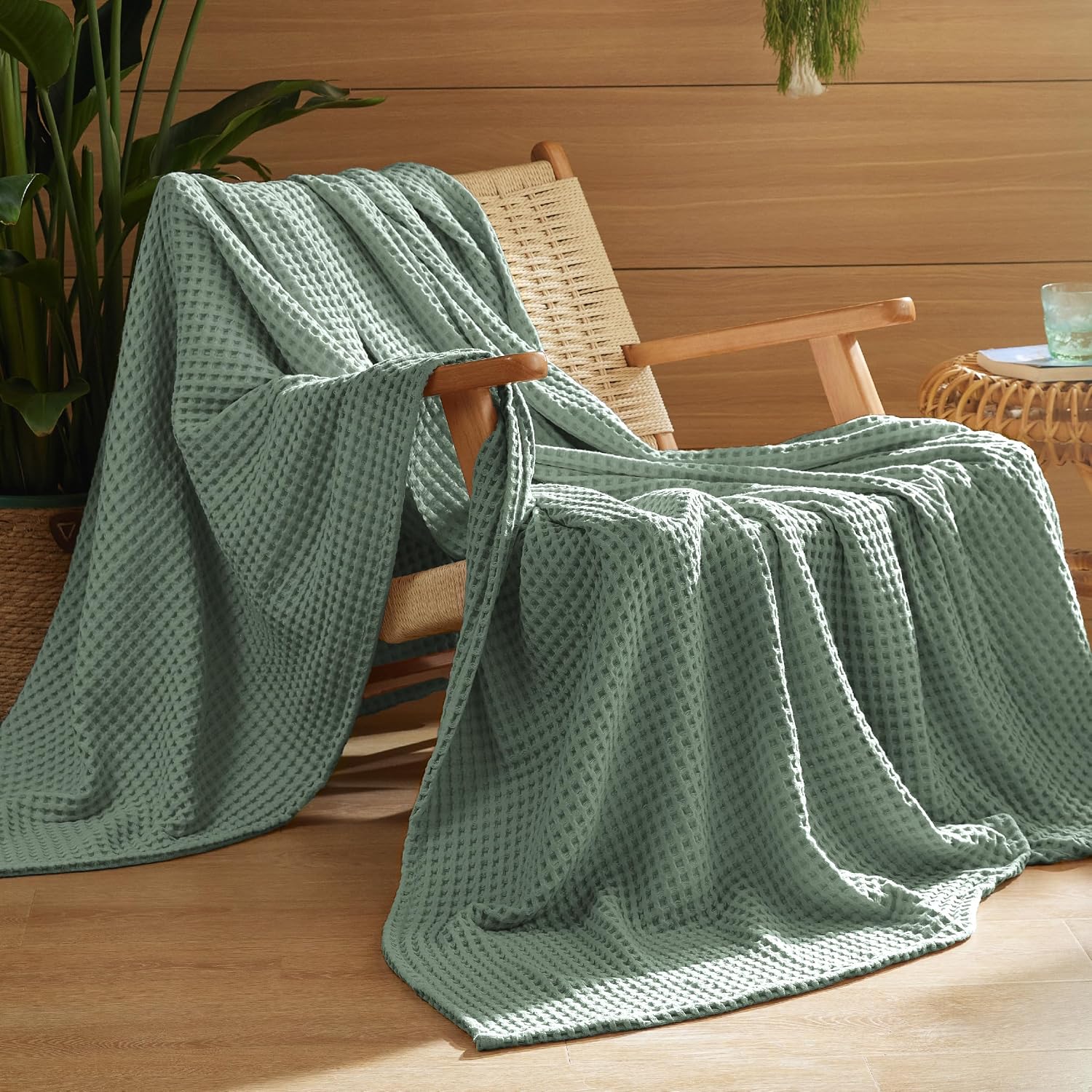 Bedsure Lightweight 100% Cotton Waffle Blanket, Throw XL, Sage Green